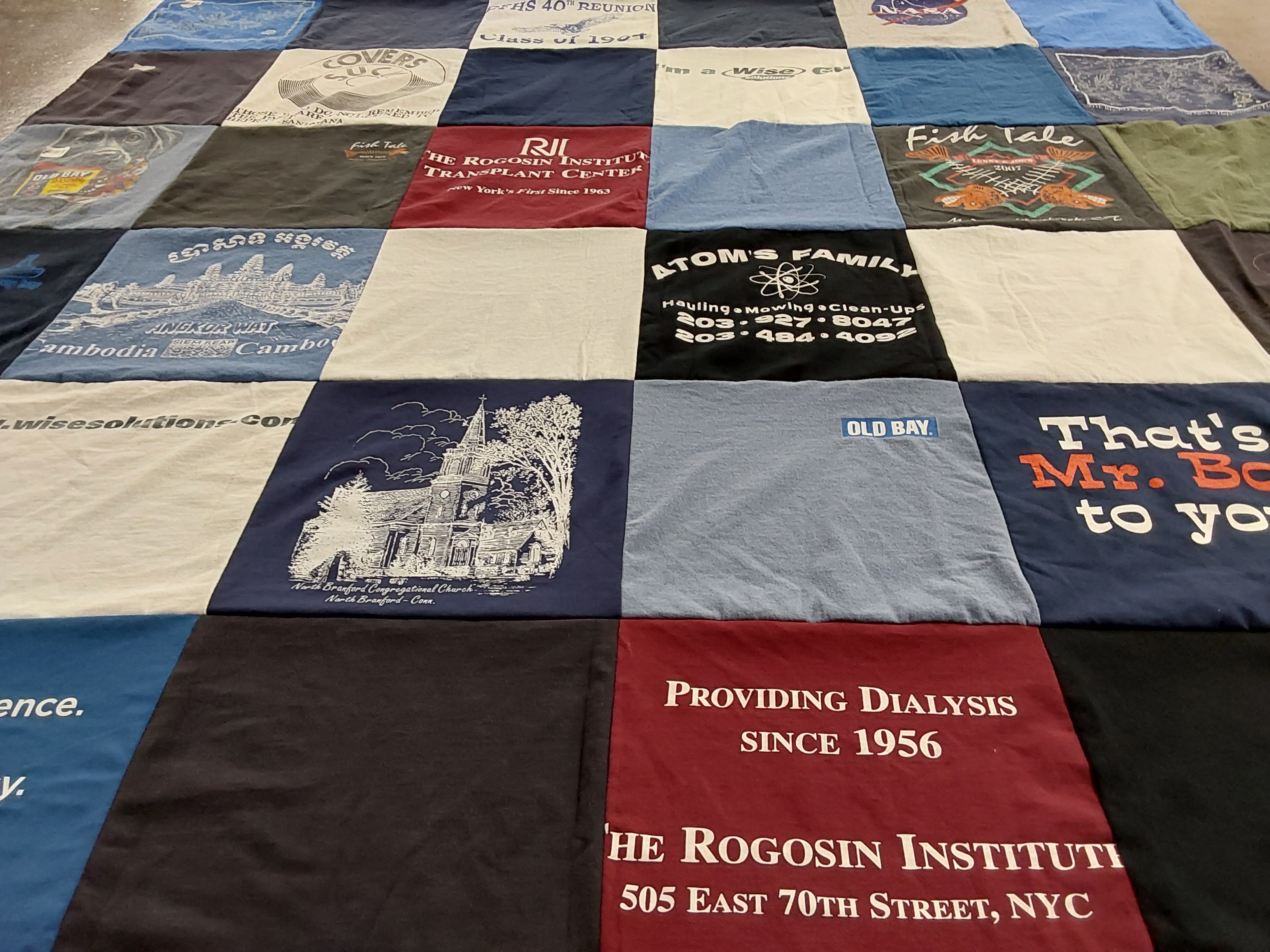 T-shirt quilt with healthcare, food themes by Marianne from FL