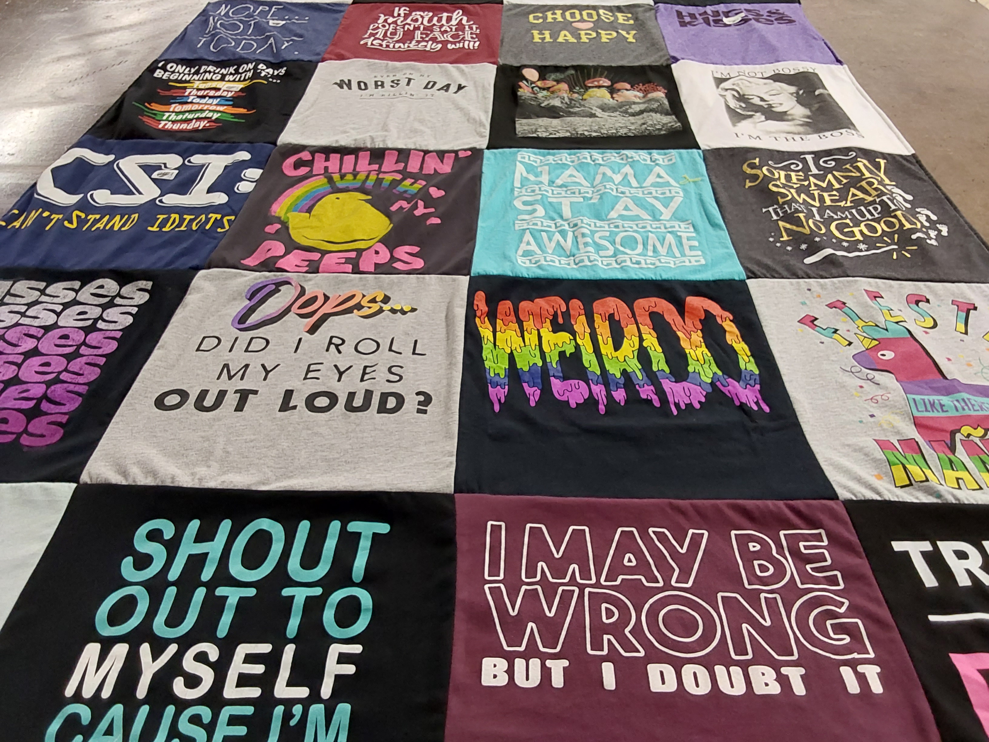 T-shirt quilt with humor, expressions themes by Sherri from TX