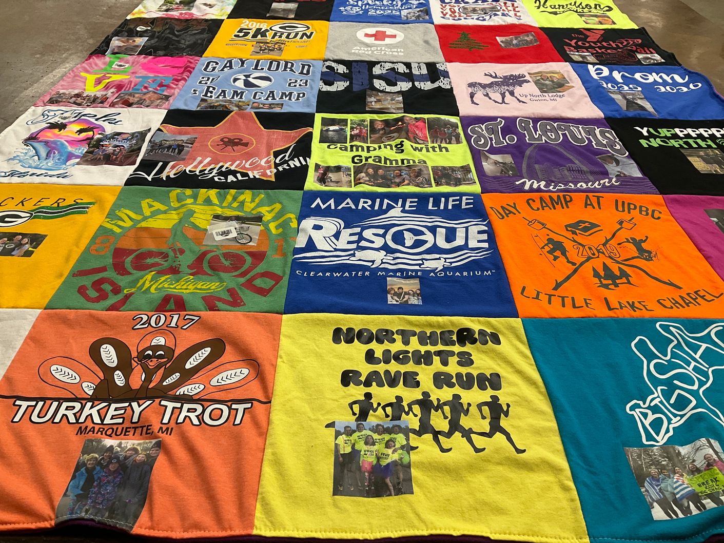 T-shirt quilt with outdoor activities, camping themes by Eunice from MI