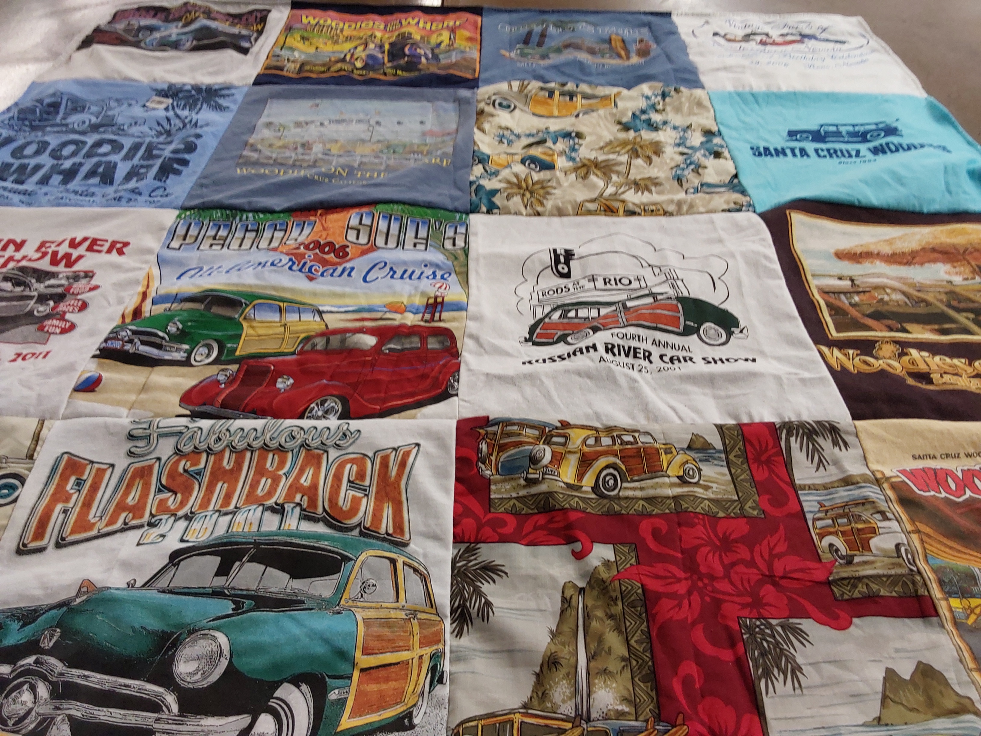 T-shirt quilt with classic cars, car shows themes by Judith from CA