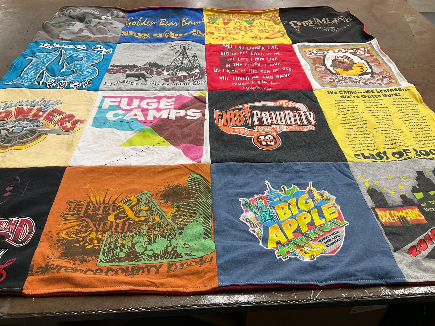 T-shirt quilt with camping, music themes by Nancy from MS