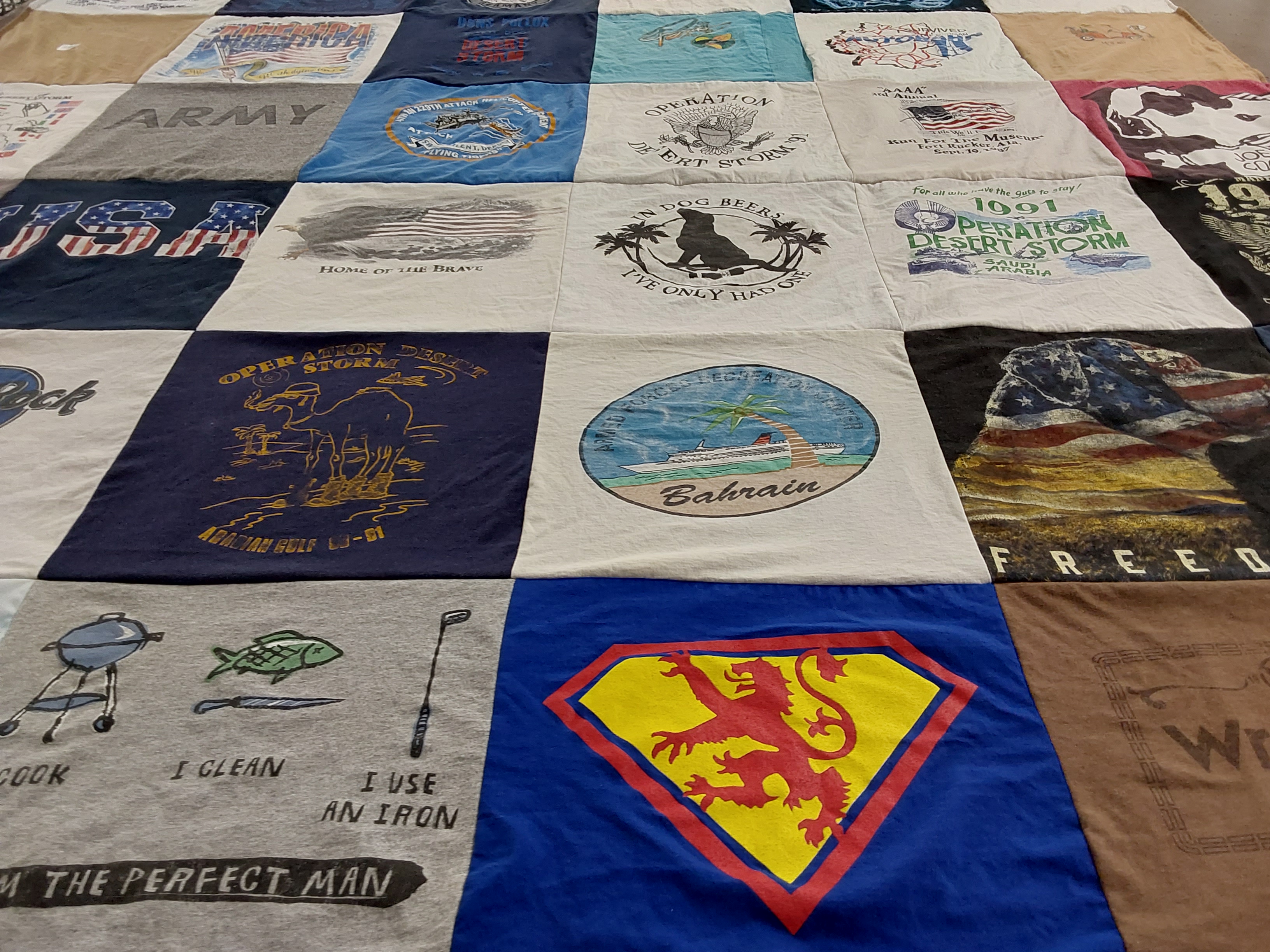 T-shirt quilt with military, cooking themes by Liliana from FL