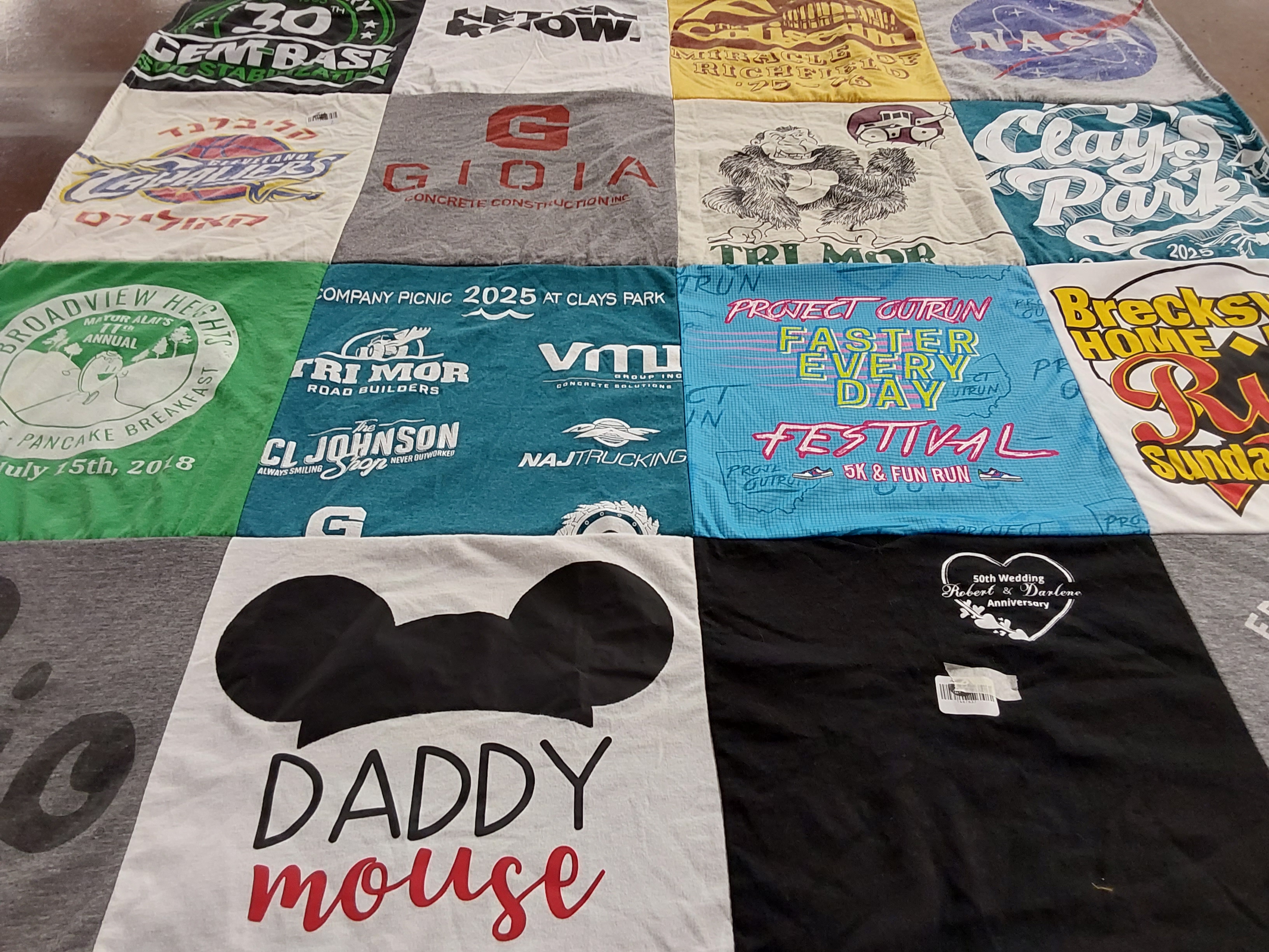 T-shirt quilt with pancakes, fun runs themes by Megan from OH
