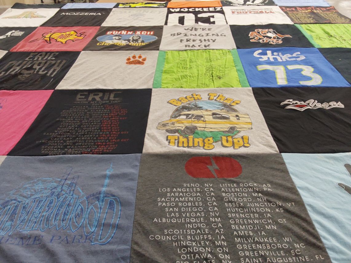 T-shirt quilt with music, concerts themes by Madi from WA