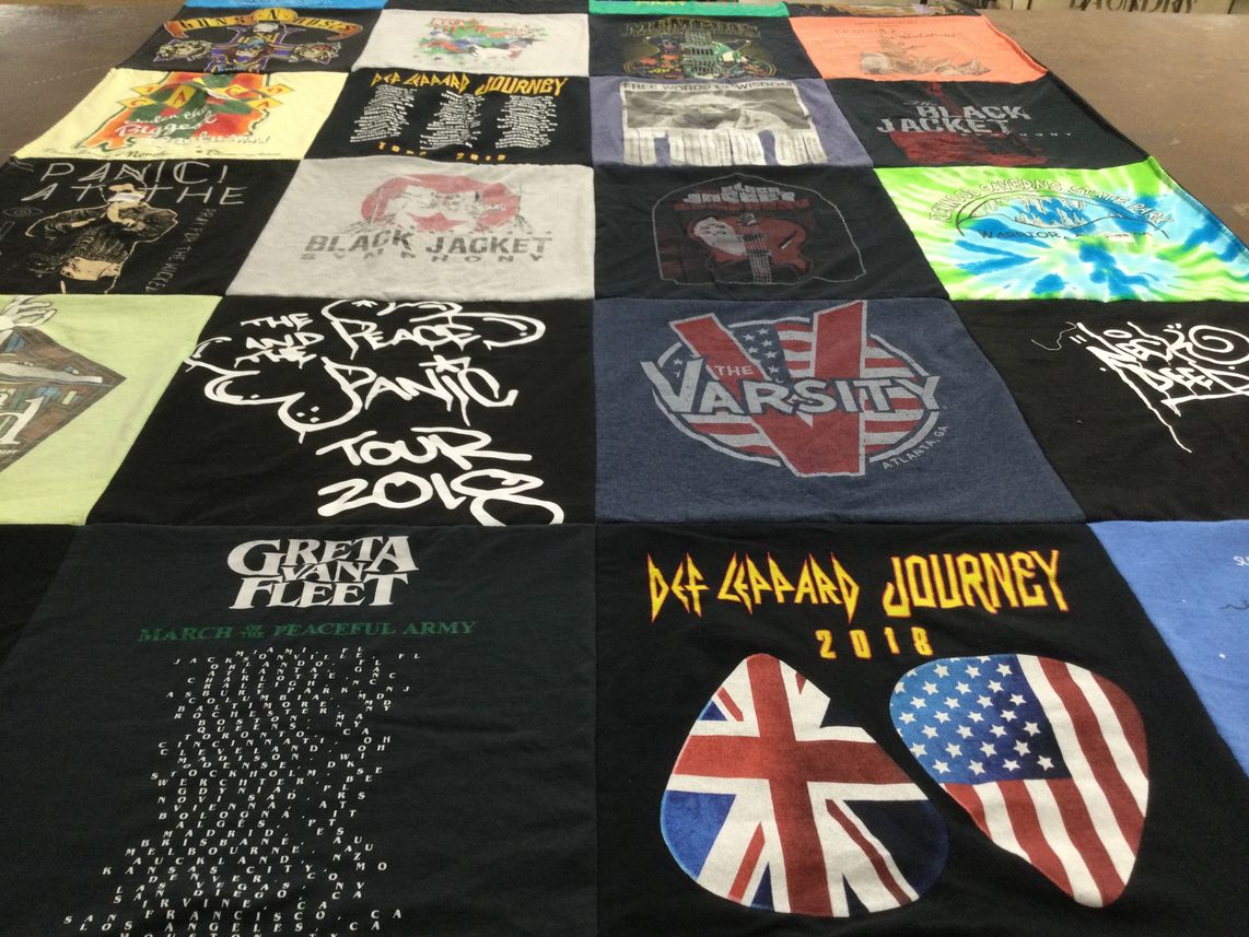 T-shirt quilt with music, concerts themes by Alison from AL