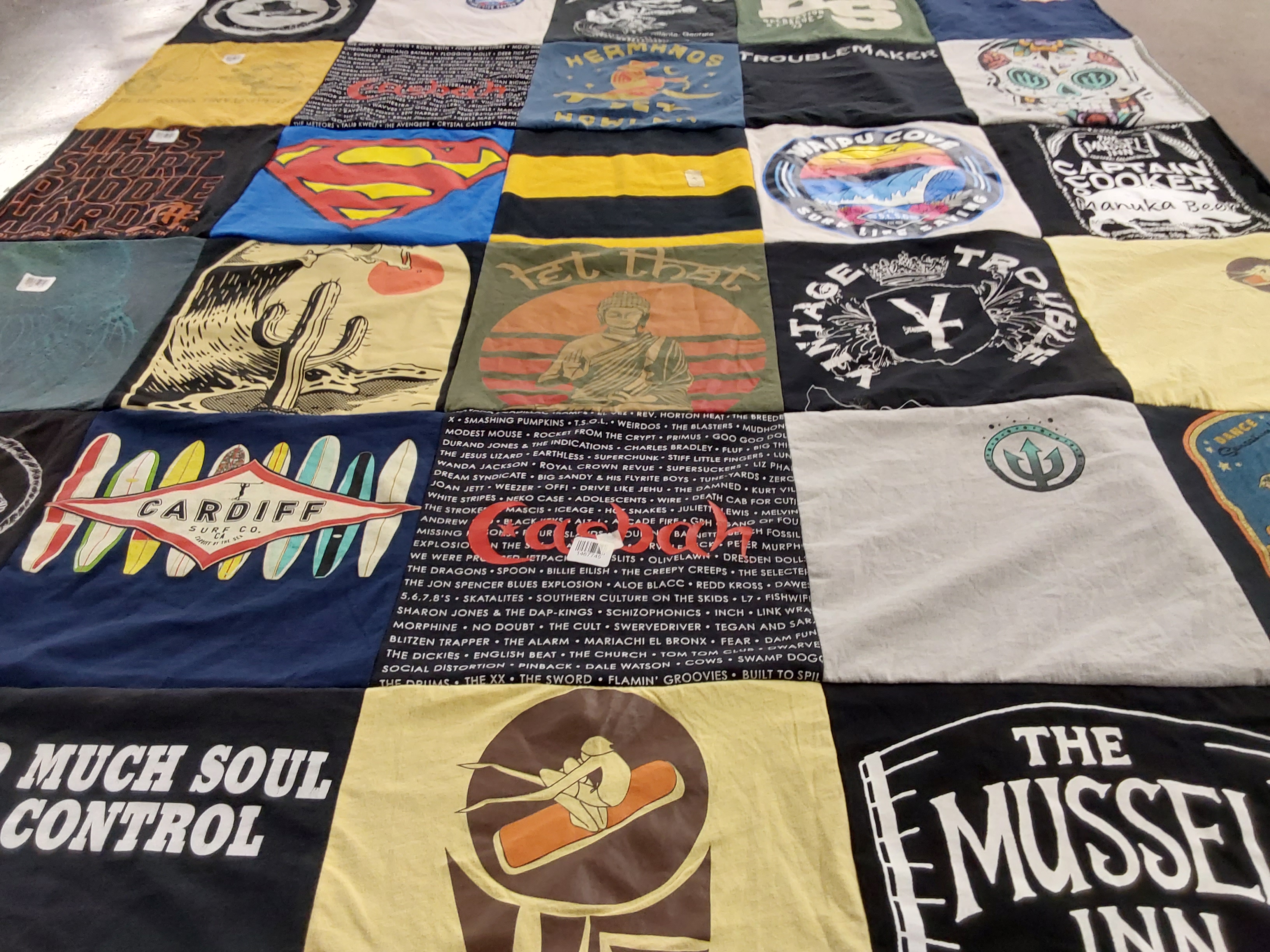 T-shirt quilt with music, surfing themes by Steve from CA