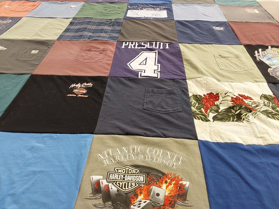 T-shirt quilt with motorcycles, gaming themes by Marlene from NJ