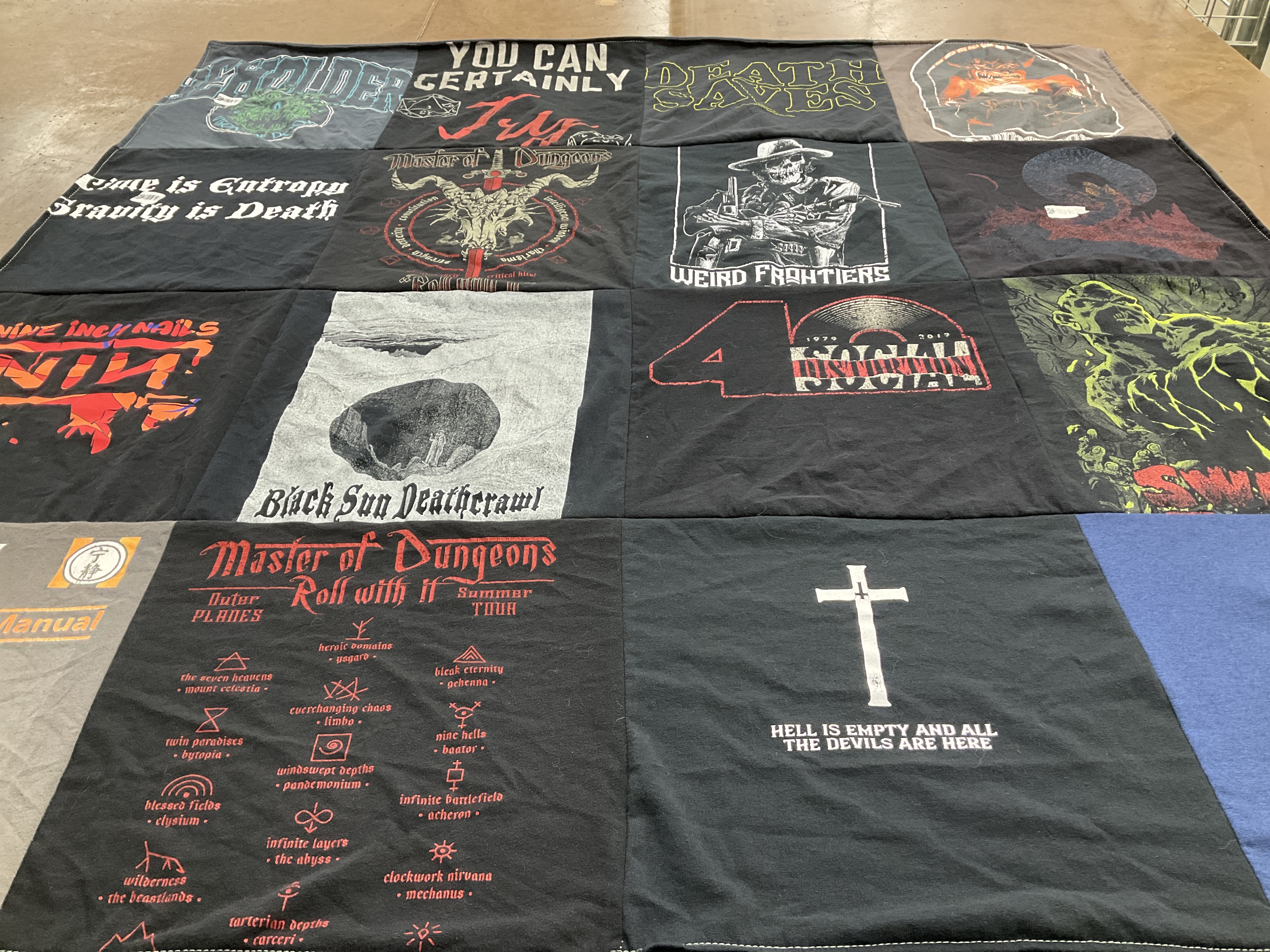 T-shirt quilt with music, gaming themes by Nicole from TX