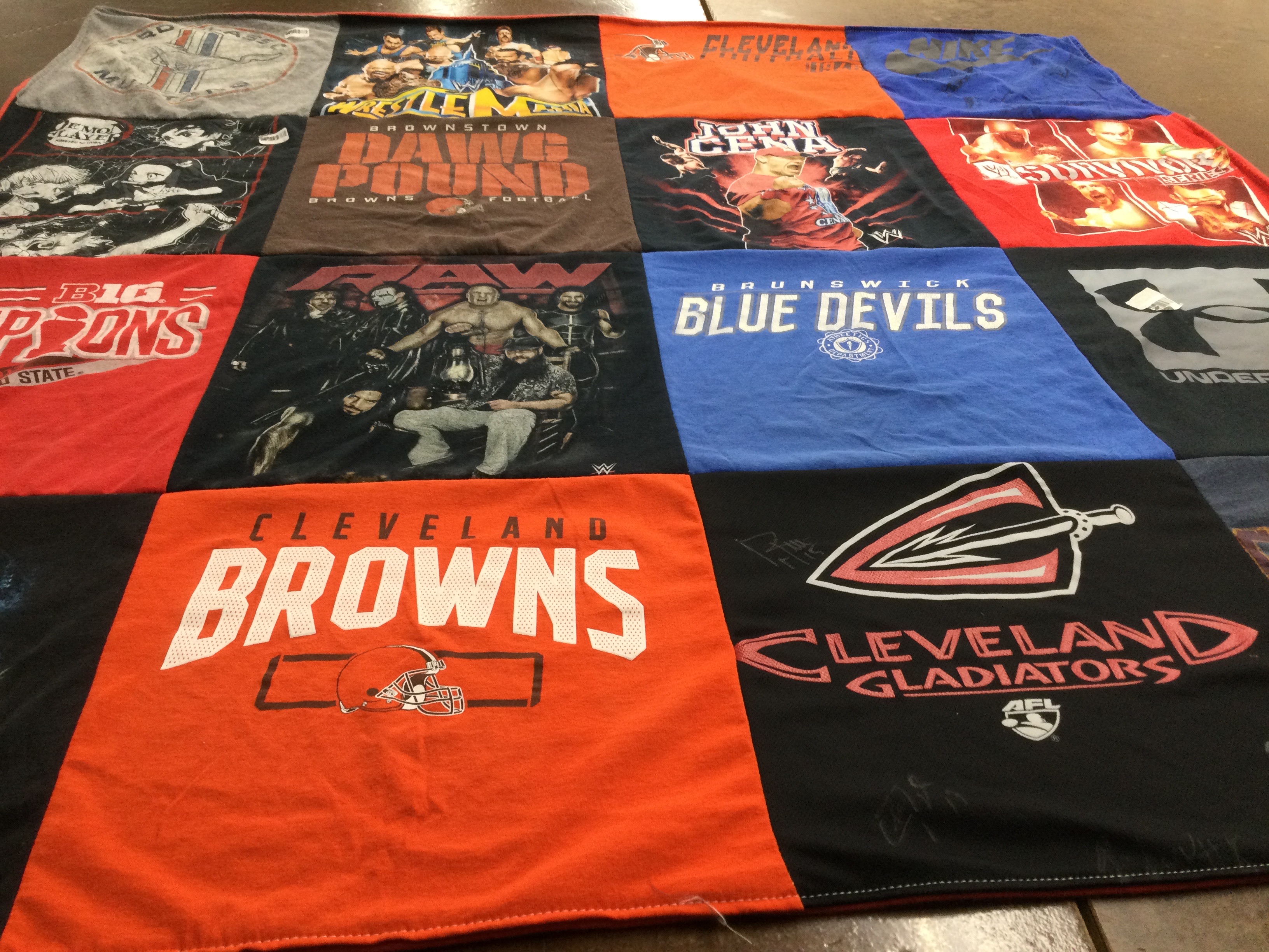 T-shirt quilt featuring cleveland browns, brunswick blue devils by Laura from OH
