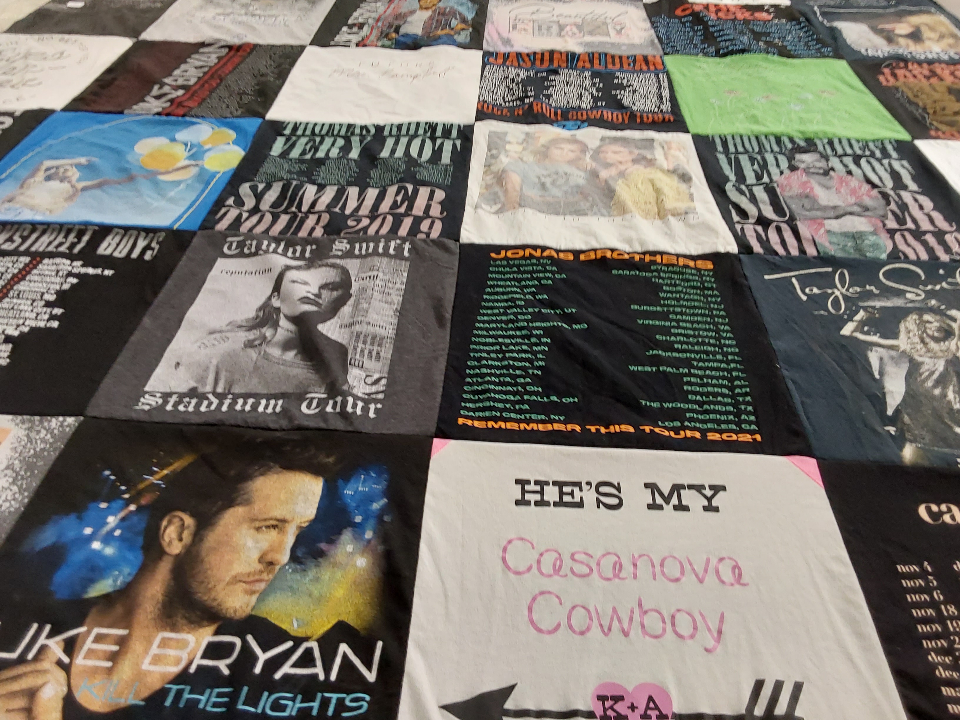T-shirt quilt with music, concerts themes by RoseMarie from IN