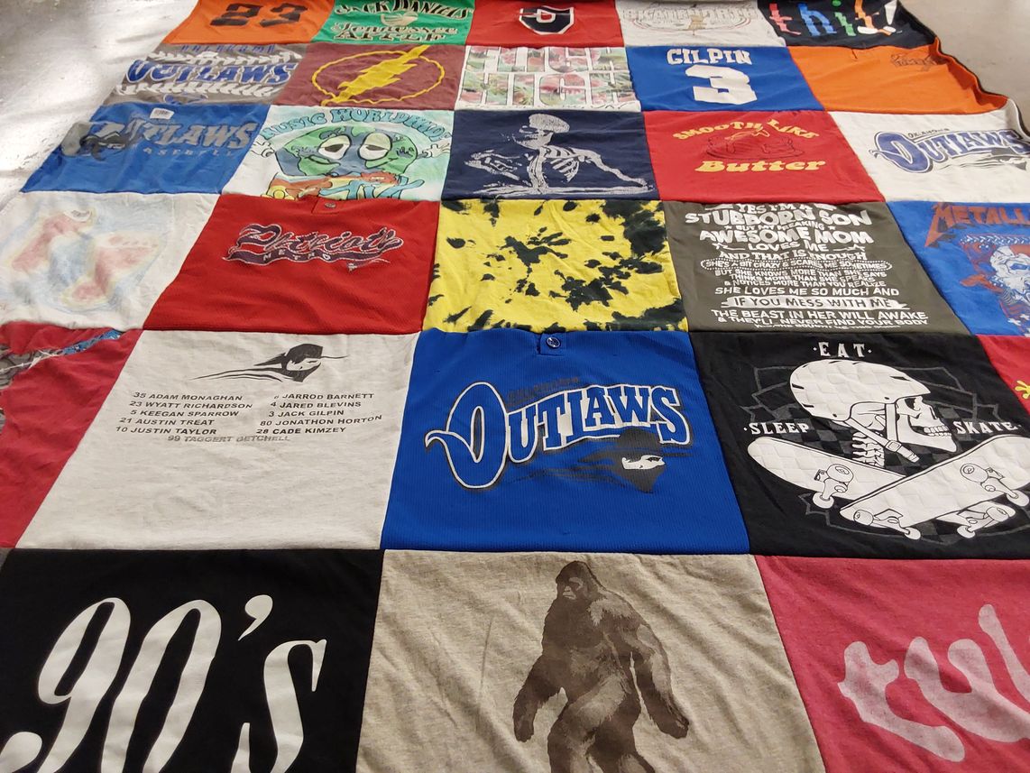 T-shirt quilt with skateboarding, music themes by Alison from OK