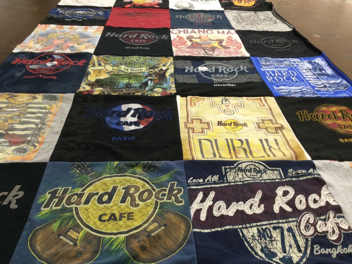 T-shirt quilt with music, travel themes by Courtney from TX