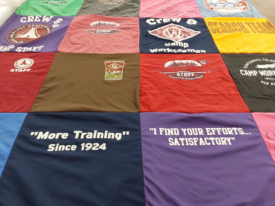 T-shirt quilt with camping, outdoors themes by Daniel from NY