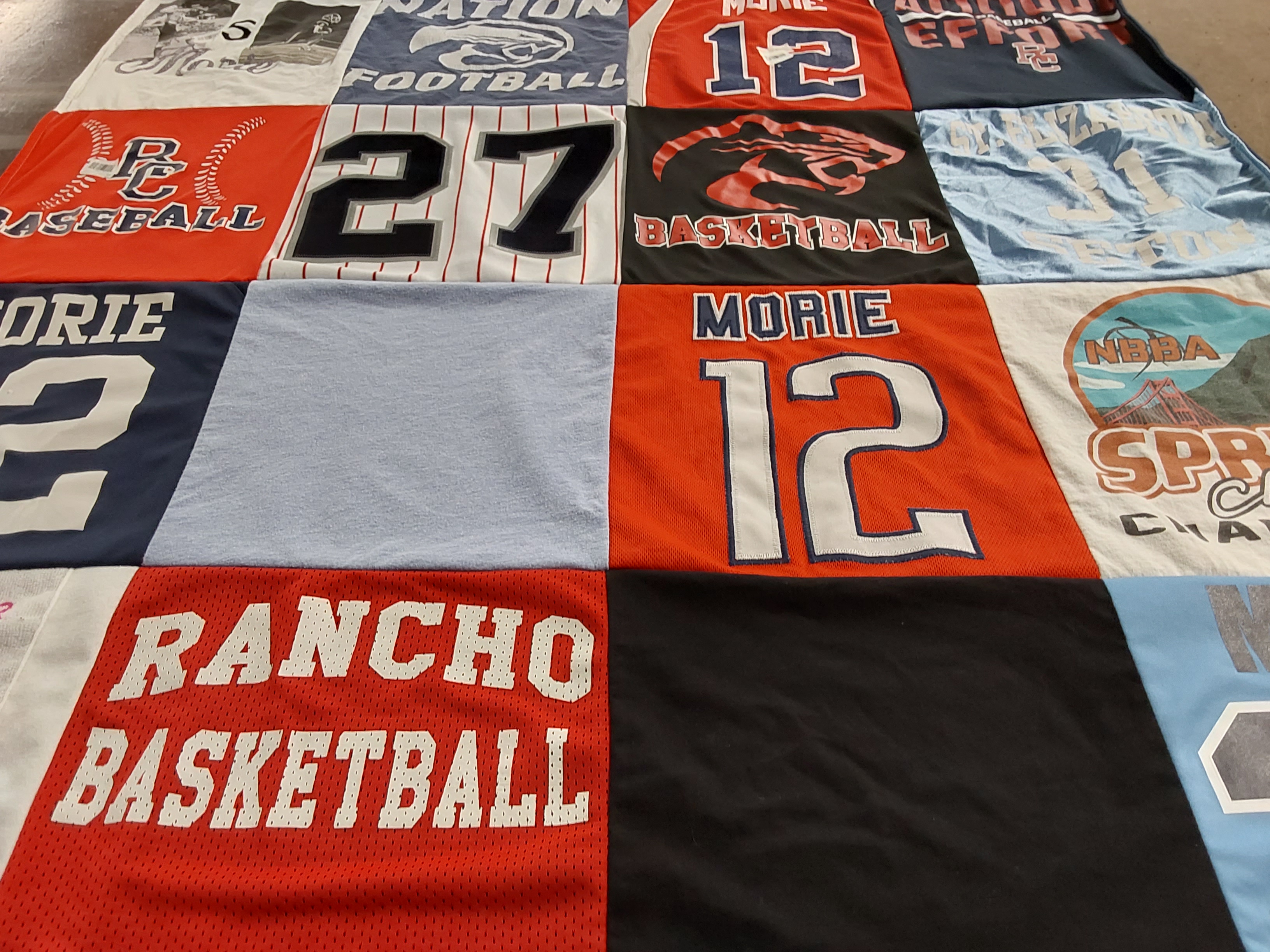 T-shirt quilt featuring rancho basketball by Rebecca from CA