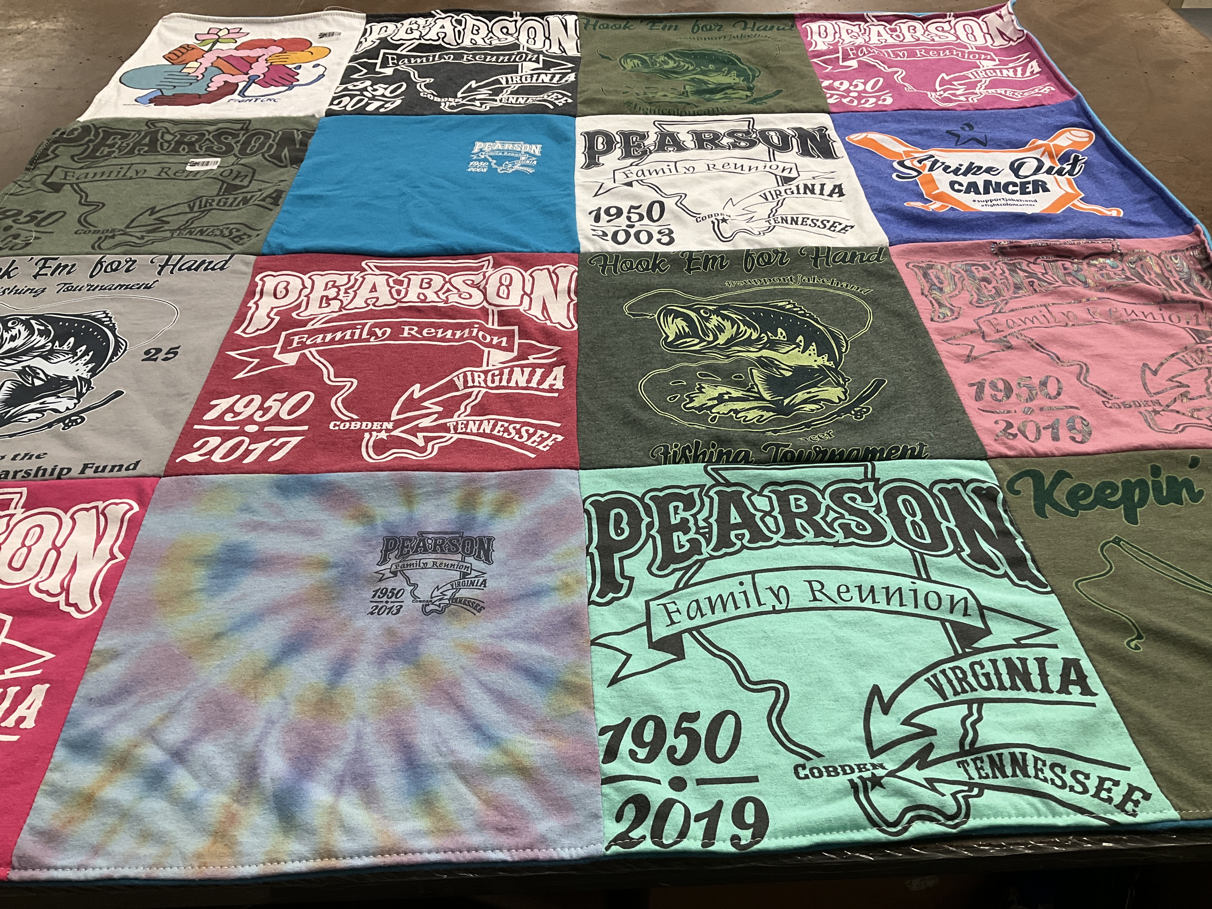 T-shirt quilt with fishing, family reunions themes by Stephanie from IL