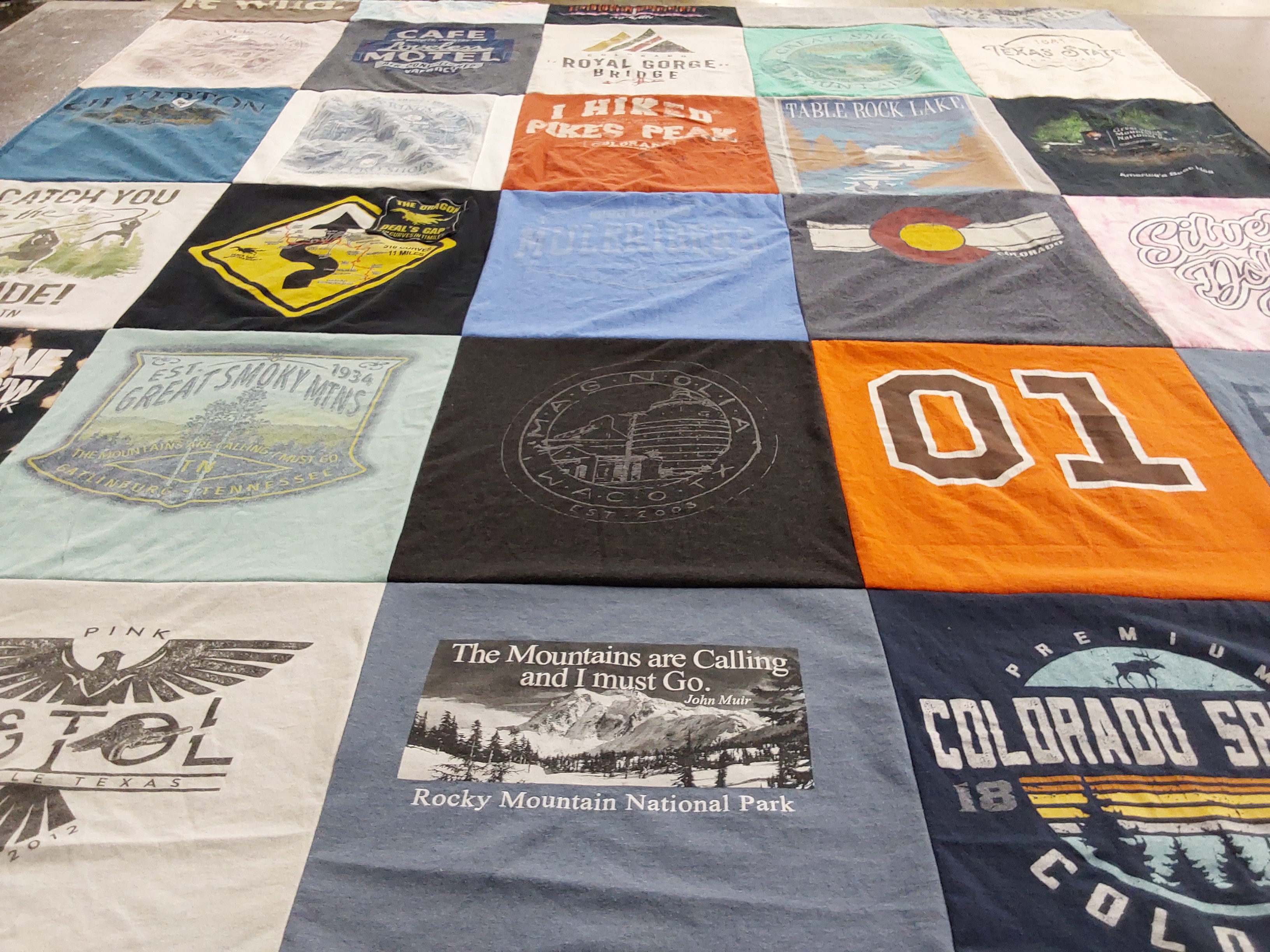 T-shirt quilt with outdoor activities, traveling themes by Tammy from LA