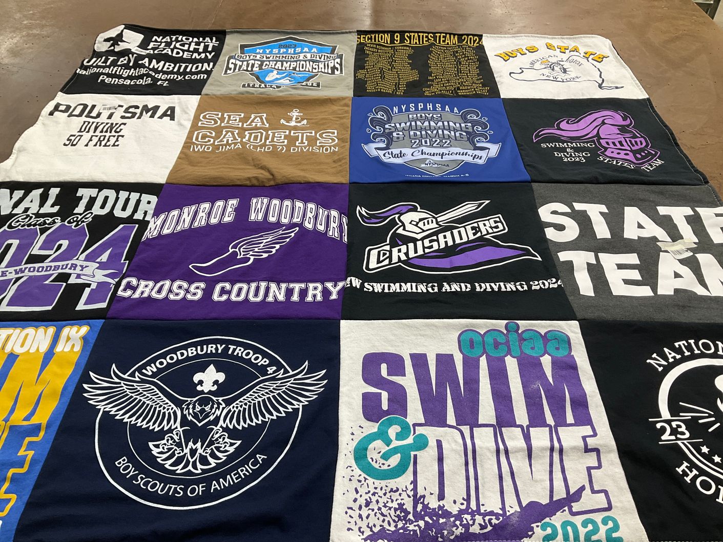 T-shirt quilt featuring monroe woodbury high school, crusaders swimming and diving team by Ingrid from NY