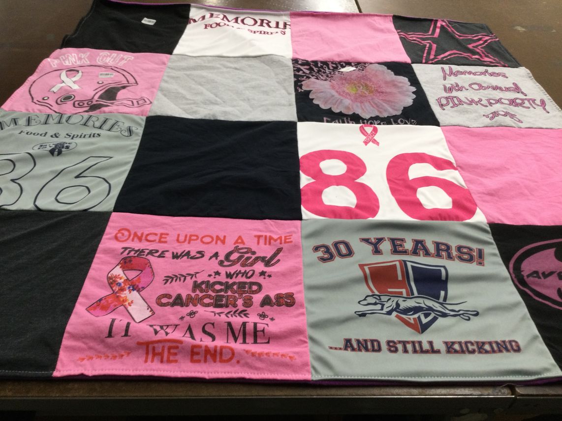 T-shirt quilt with breast cancer awareness, support themes by Tracy from FL