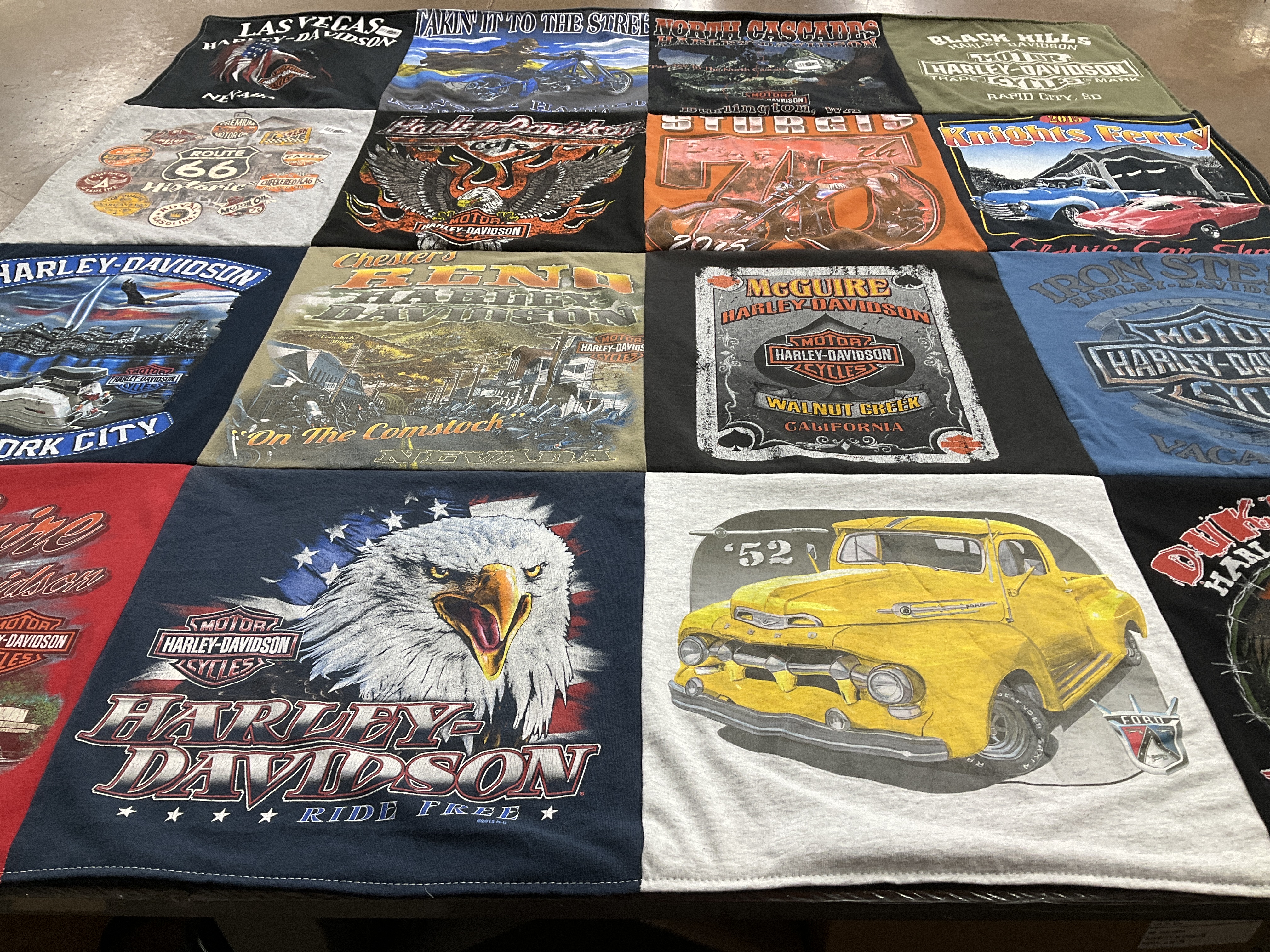 T-shirt quilt with motorcycles, cars themes by kim from CA