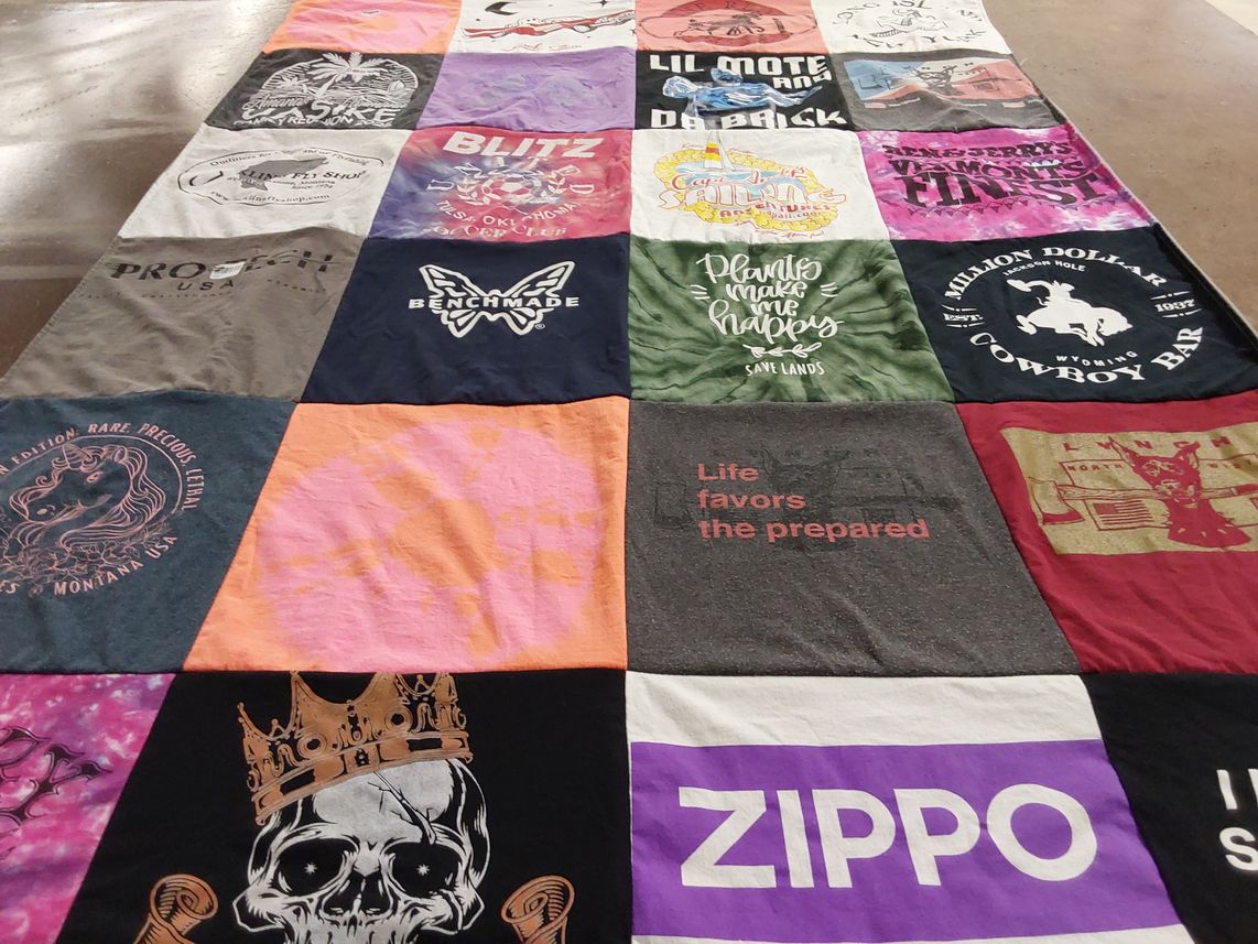 T-shirt quilt with outdoor, cooking themes by Jaclyn from UT