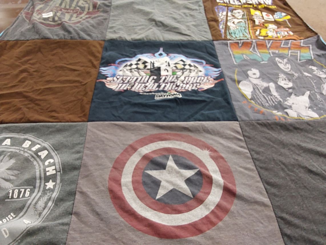 T-shirt quilt with music, motorsports themes by Samantha from FL