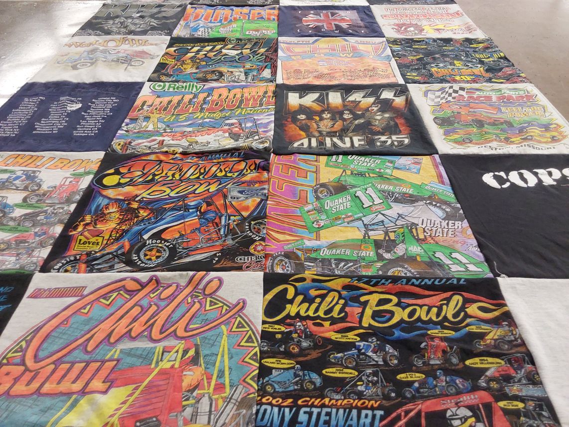 T-shirt quilt with auto racing, music themes by Michelle from MO
