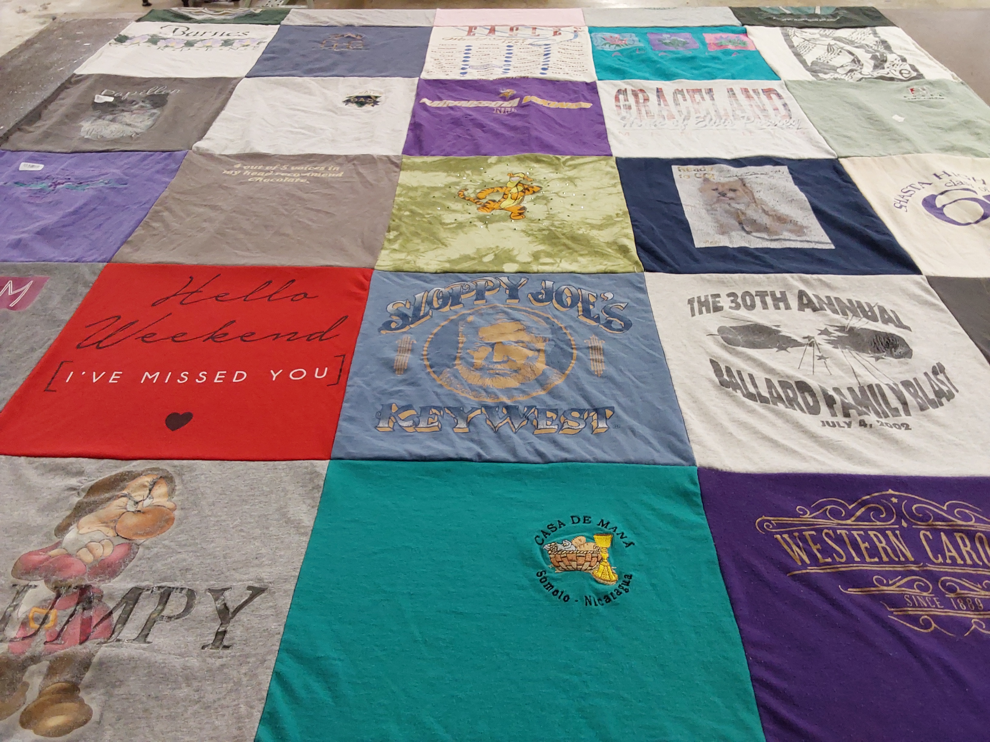 T-shirt quilt with travel, family gatherings themes by Deborah from NC