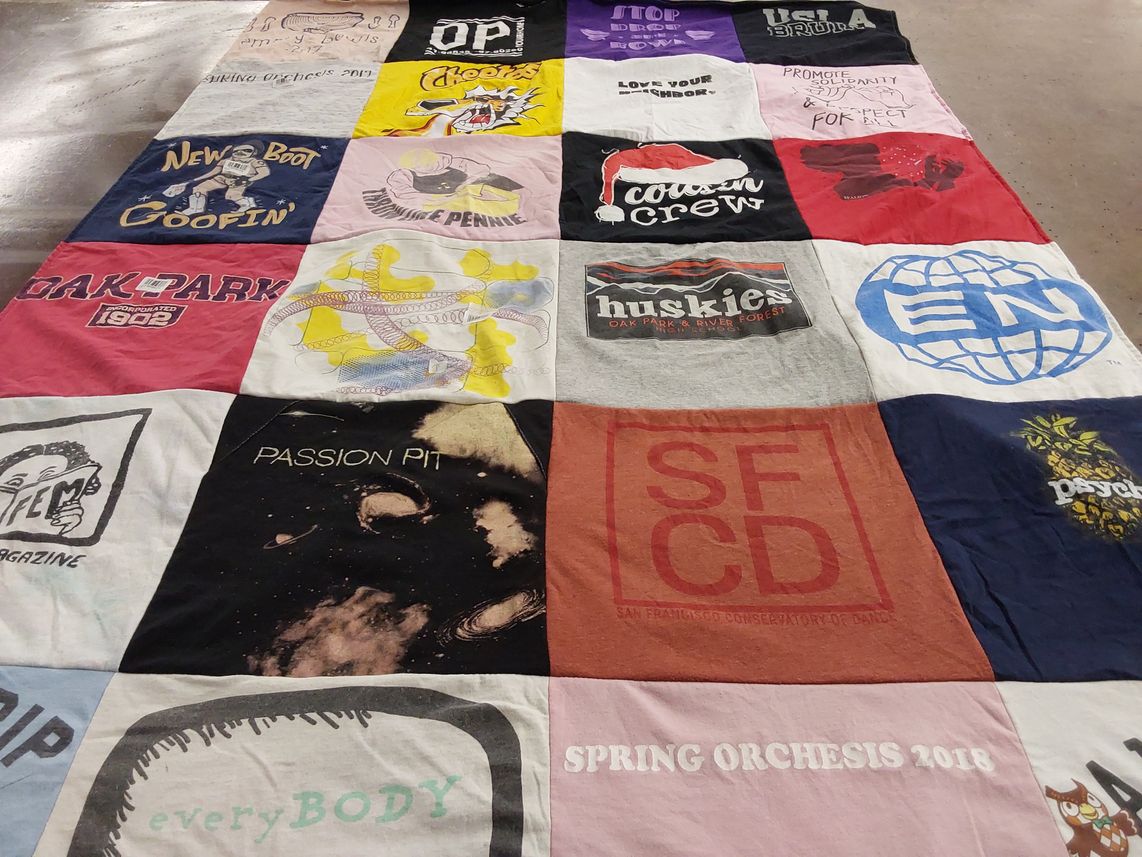 T-shirt quilt from oak park and river forest high school, san francisco conservatory of dance by Margaret from IL