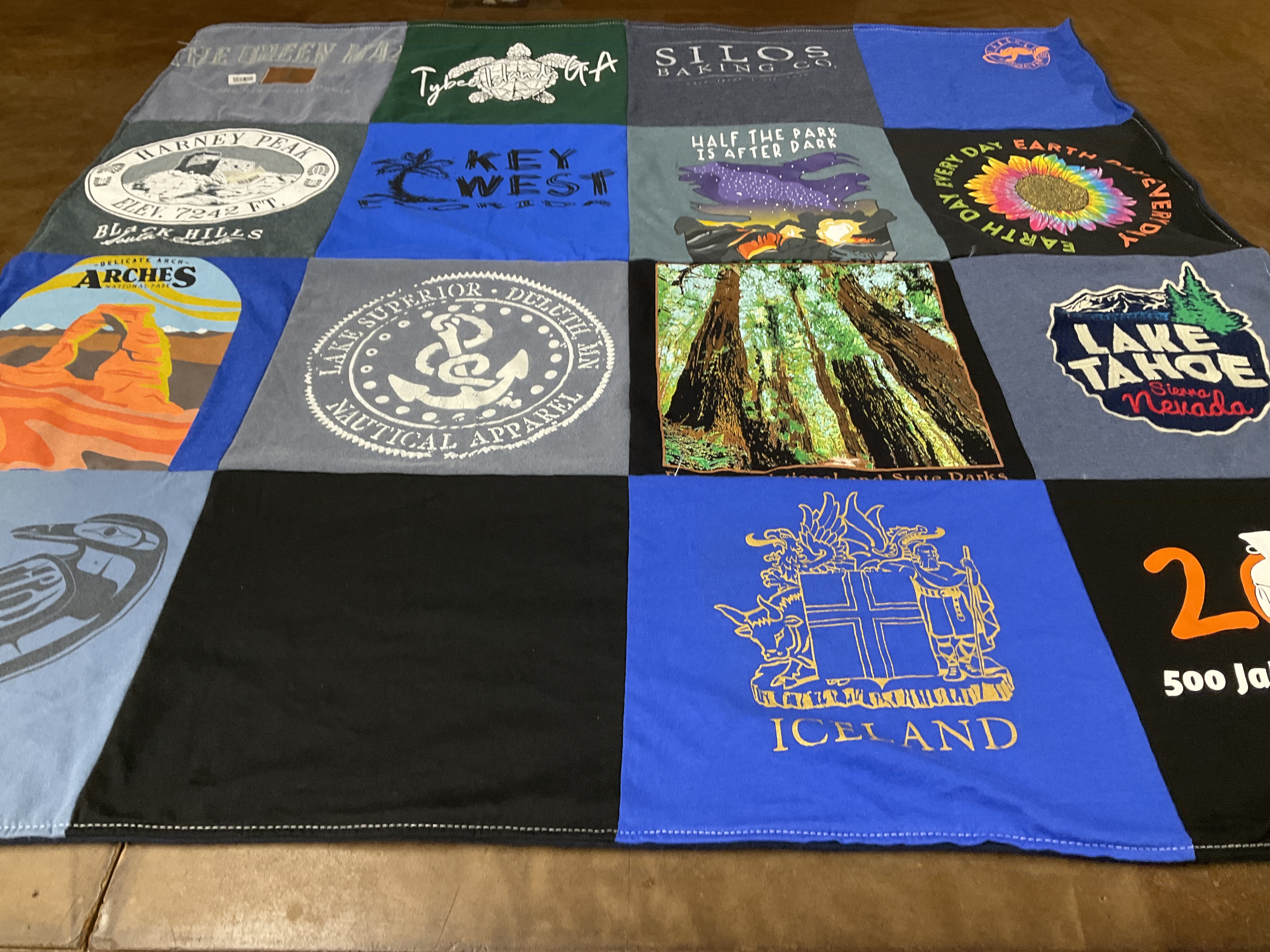 T-shirt quilt with national parks, baking themes by Joan from SD
