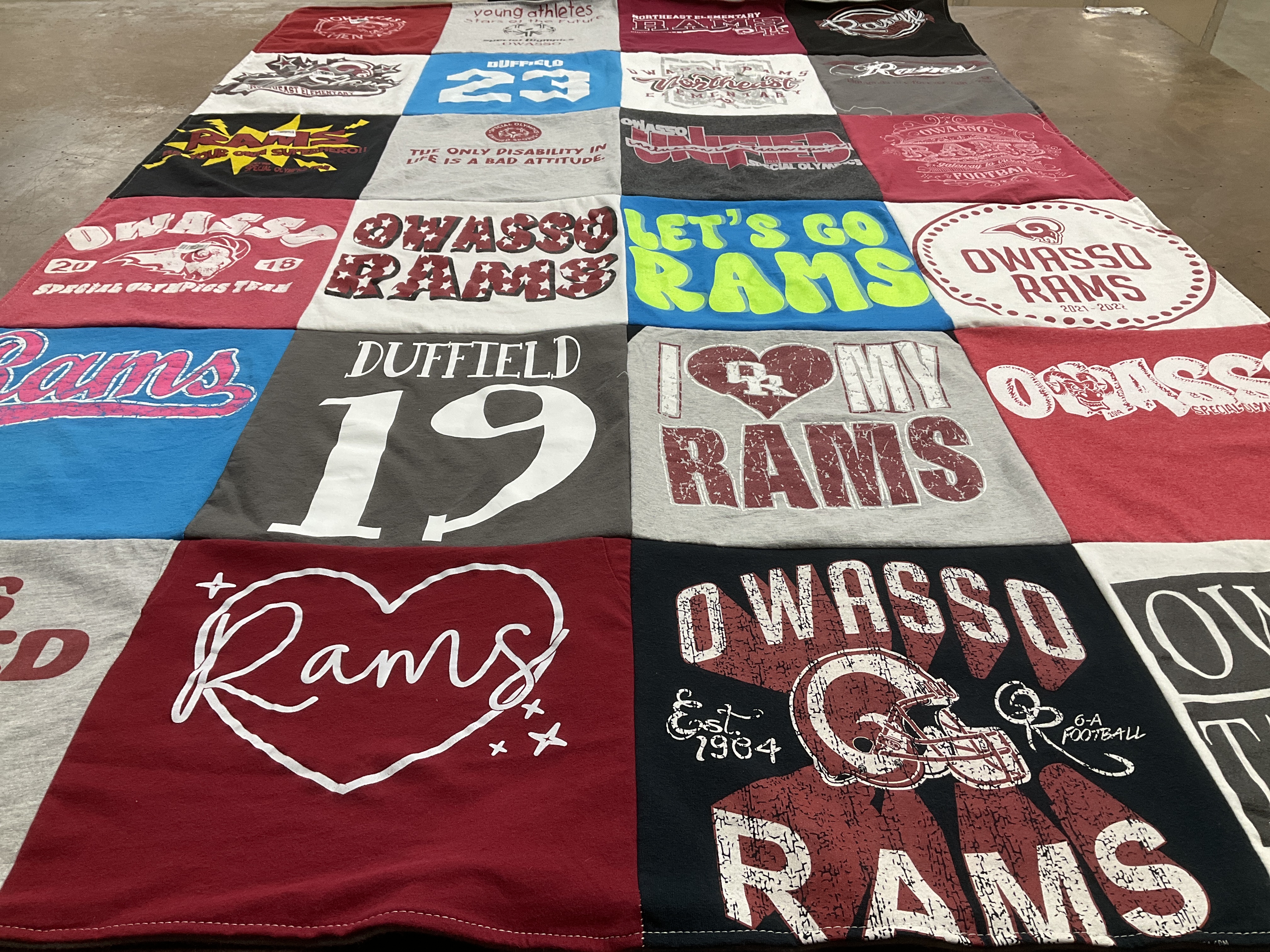 T-shirt quilt featuring owasso rams by Sami from OK