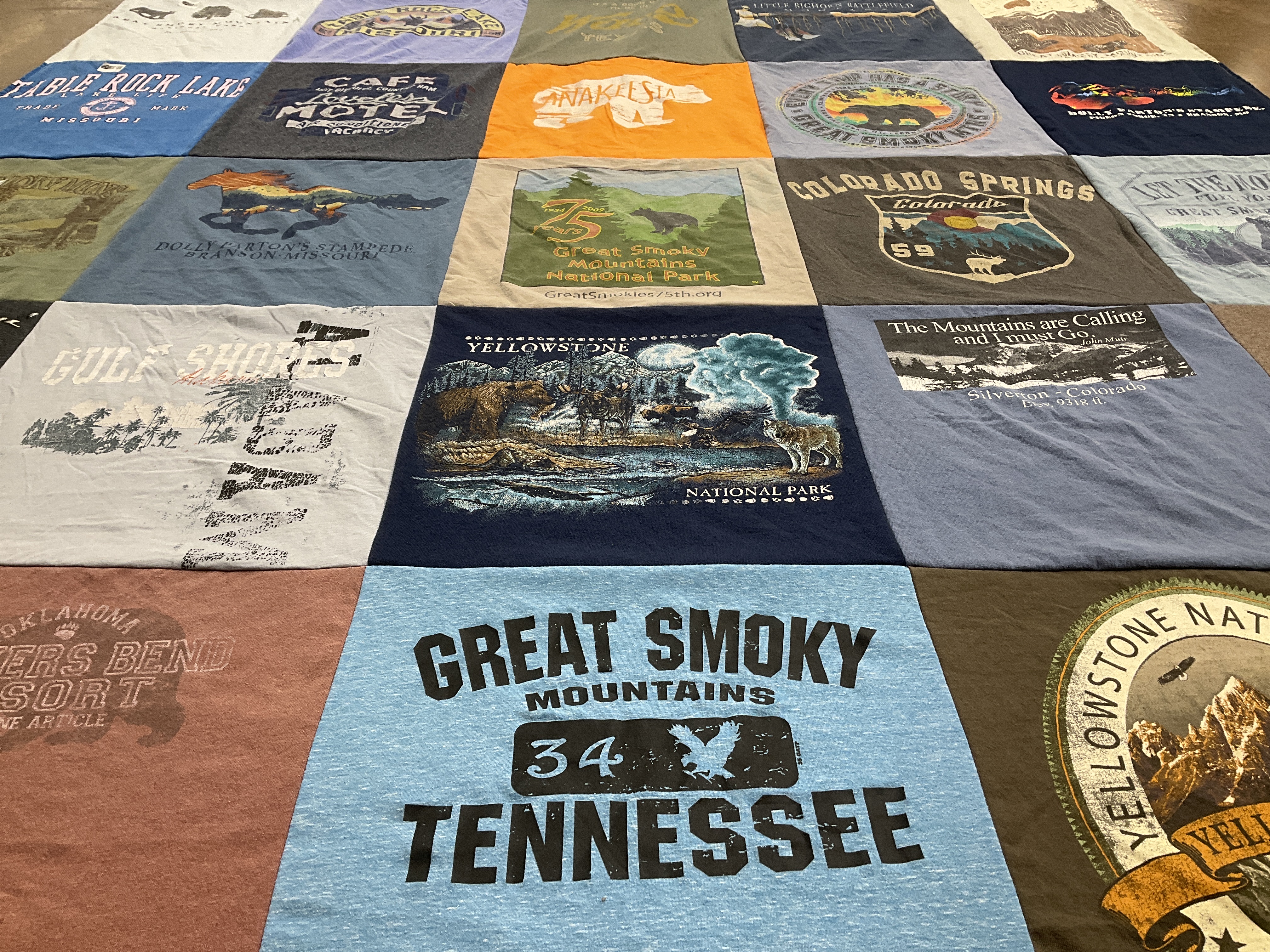 T-shirt quilt with national parks, travel themes by Tammy from LA