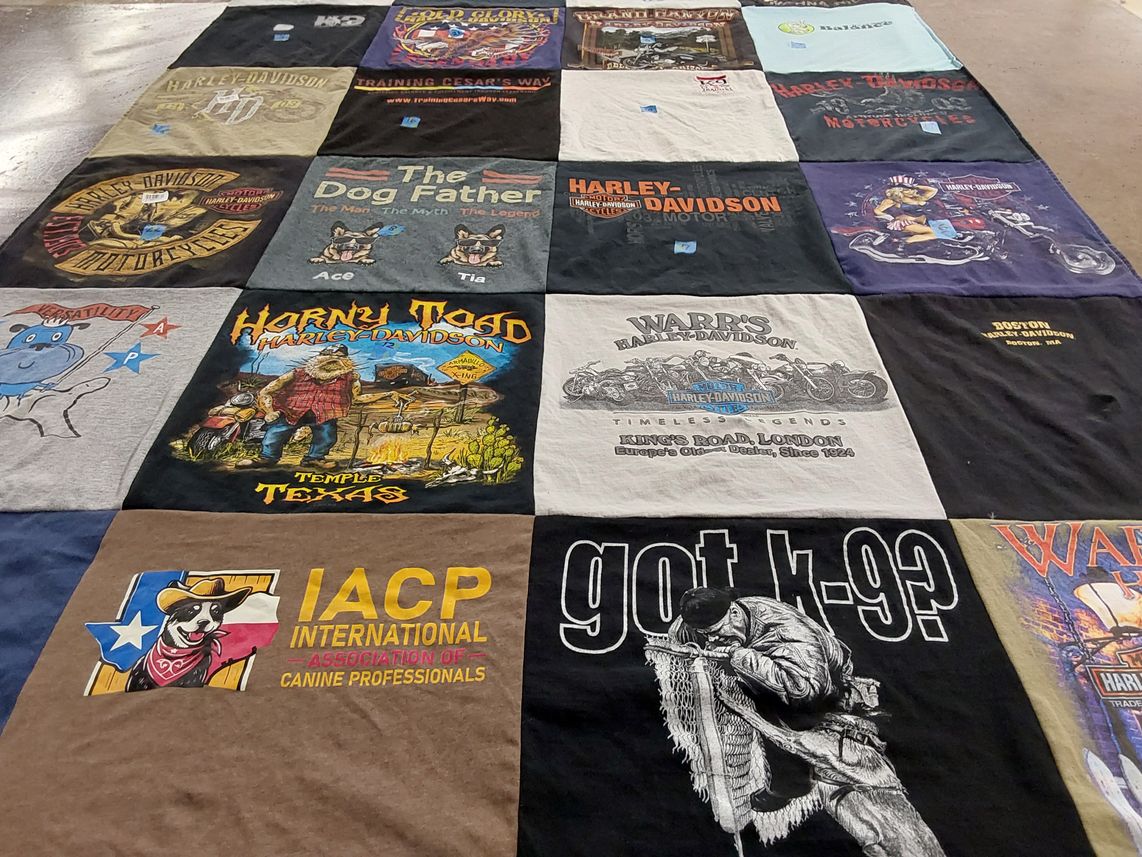 T-shirt quilt with motorcycles, dogs themes by Rick from MA