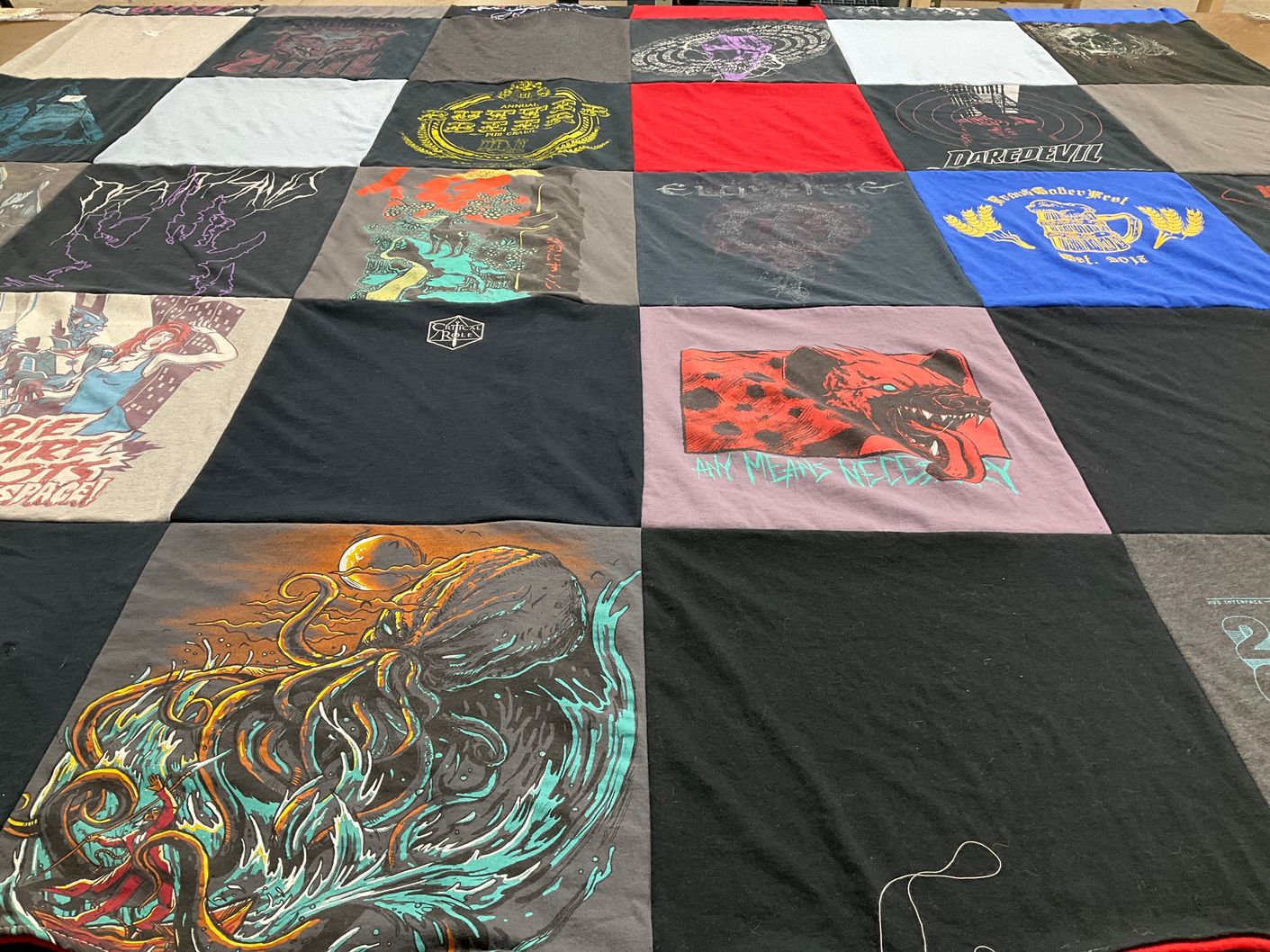 T-shirt quilt with graphic design, comics themes by Linda from OH