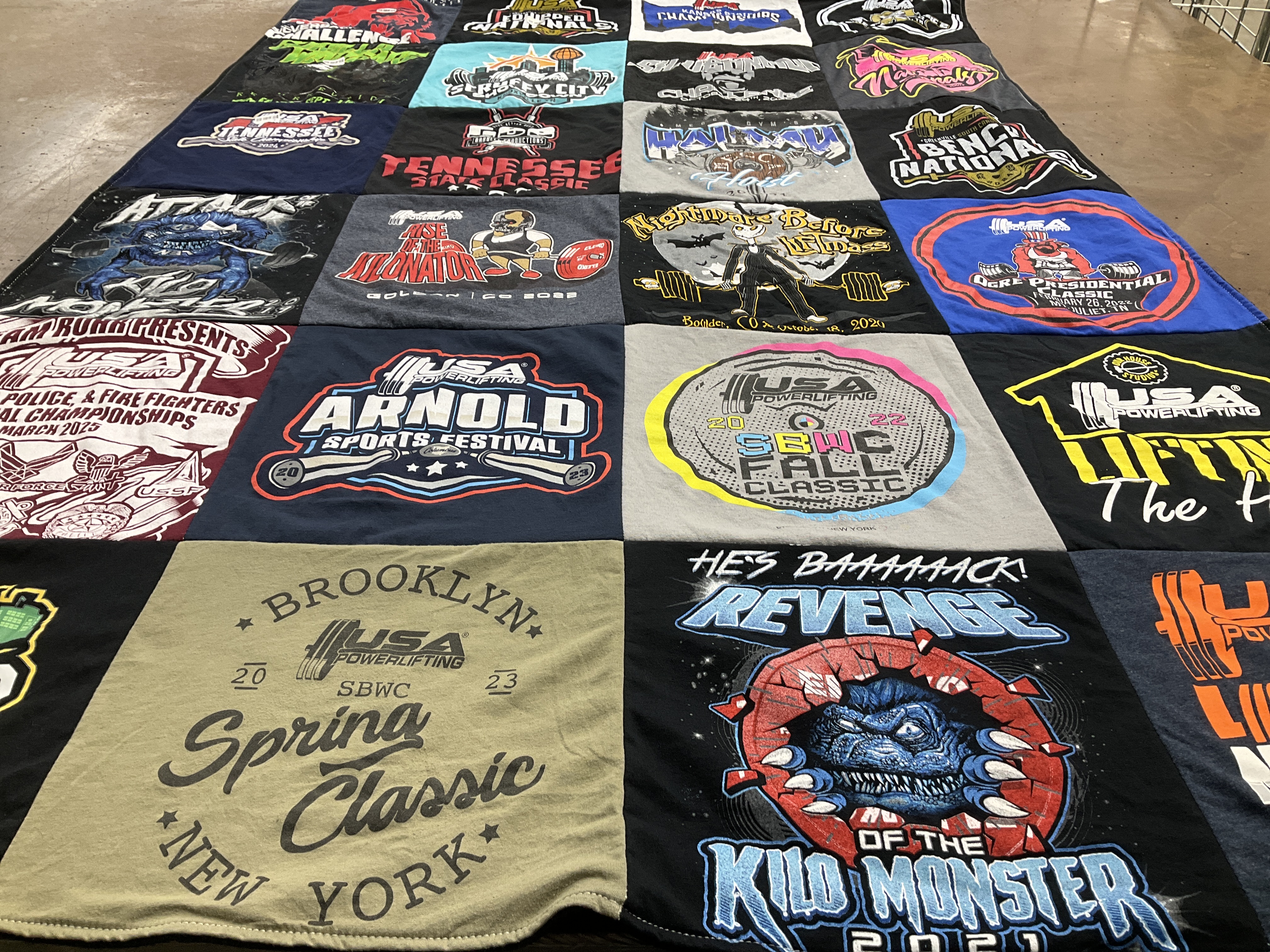 T-shirt quilt with powerlifting, sports themes by Joy from TN