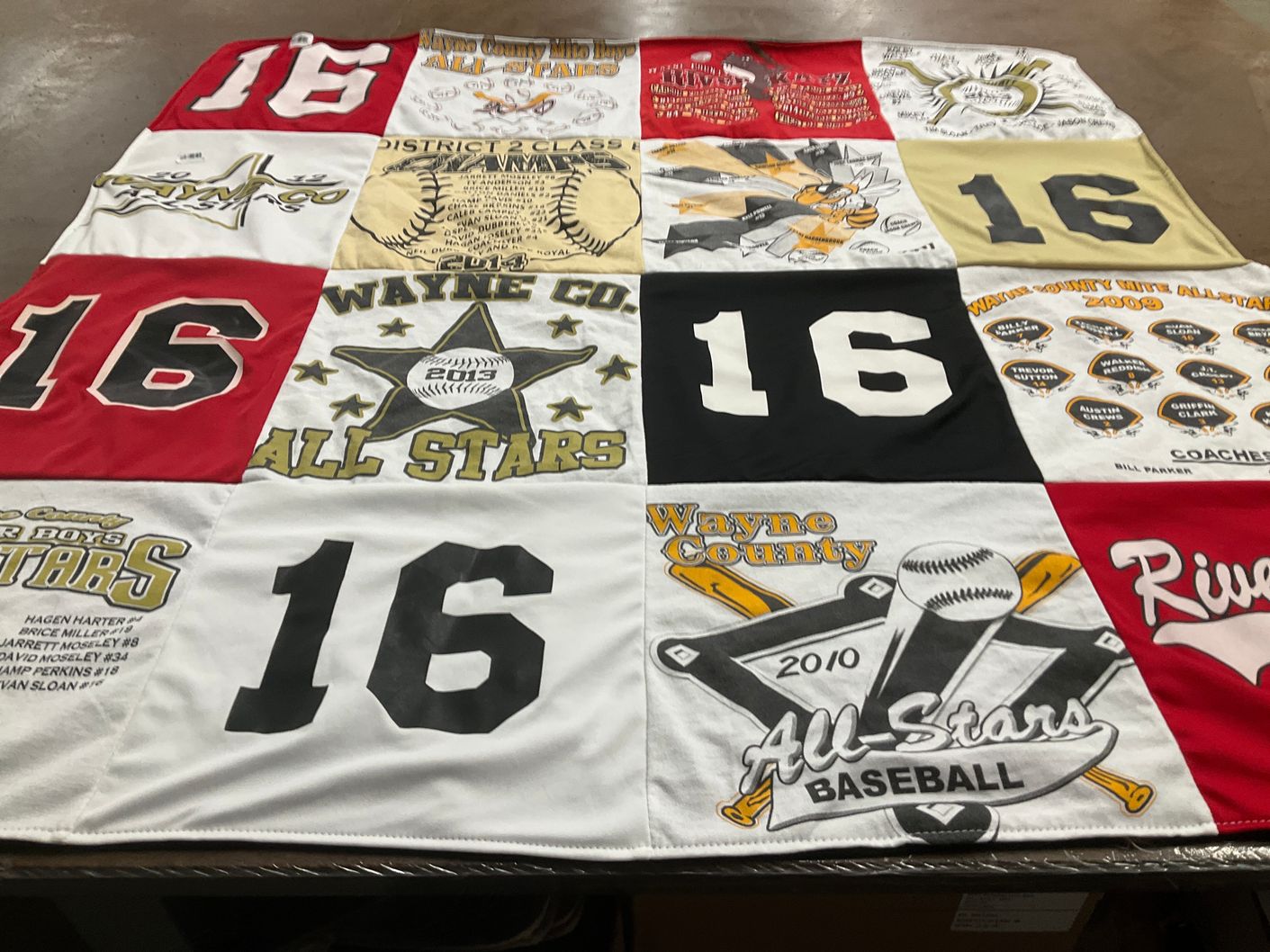 T-shirt quilt with baseball, sports themes by Laura from GA