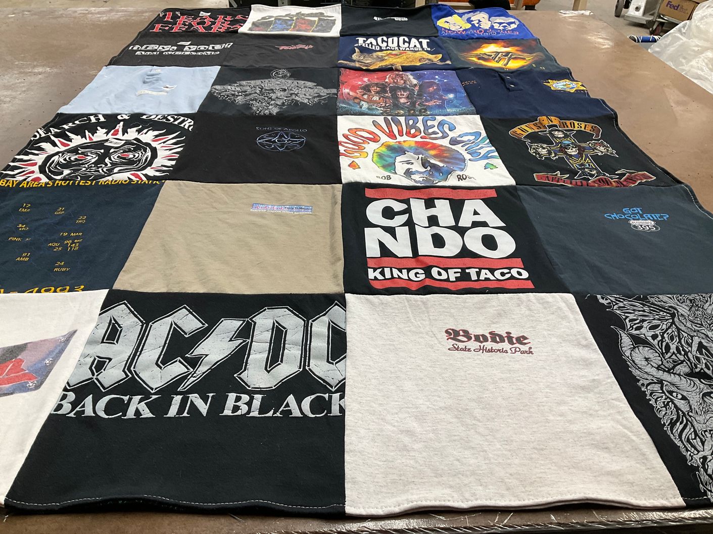 T-shirt quilt with music, rock themes by Corene from KS