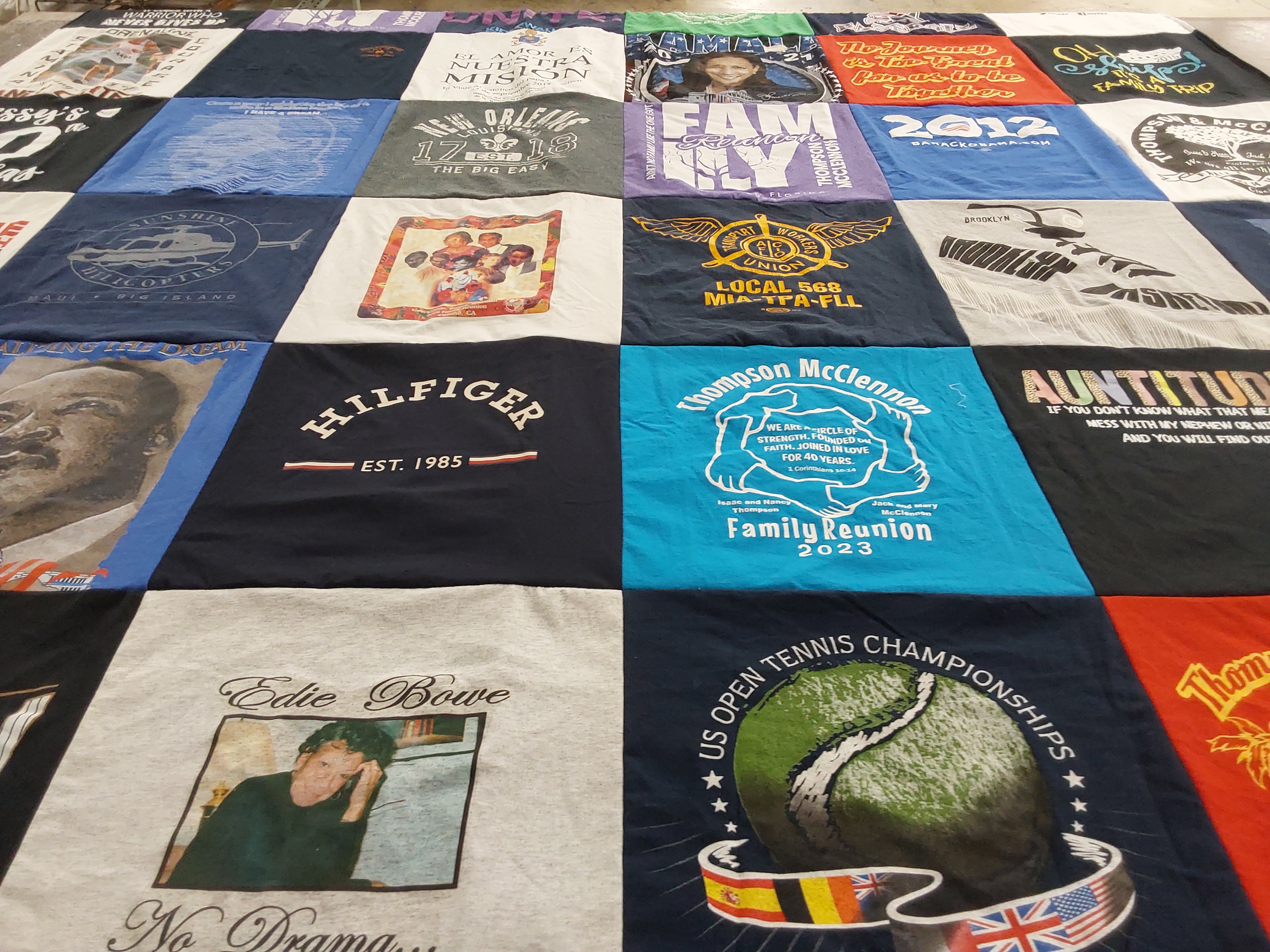 T-shirt quilt with family reunion, tennis themes by Iris from DE