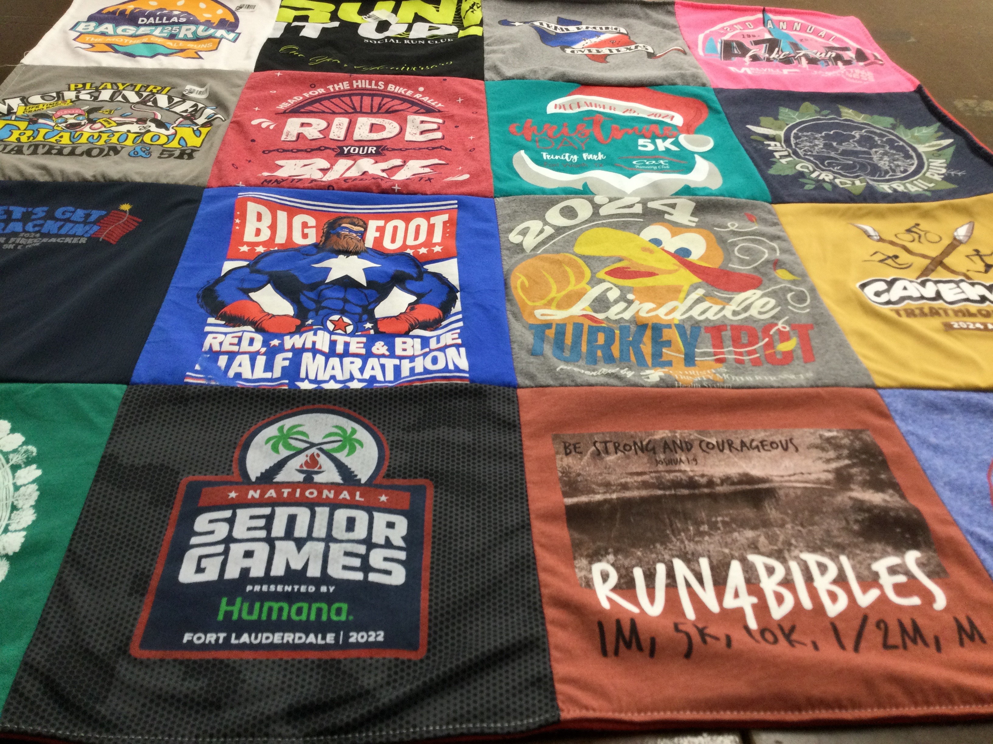 T-shirt quilt with running, cycling themes by Steve from TX
