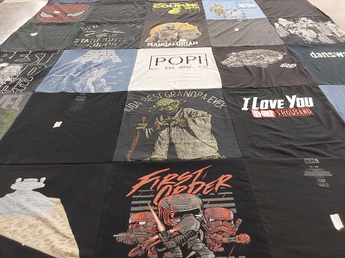 T-shirt quilt with star wars, marvel themes by Melinda from CA