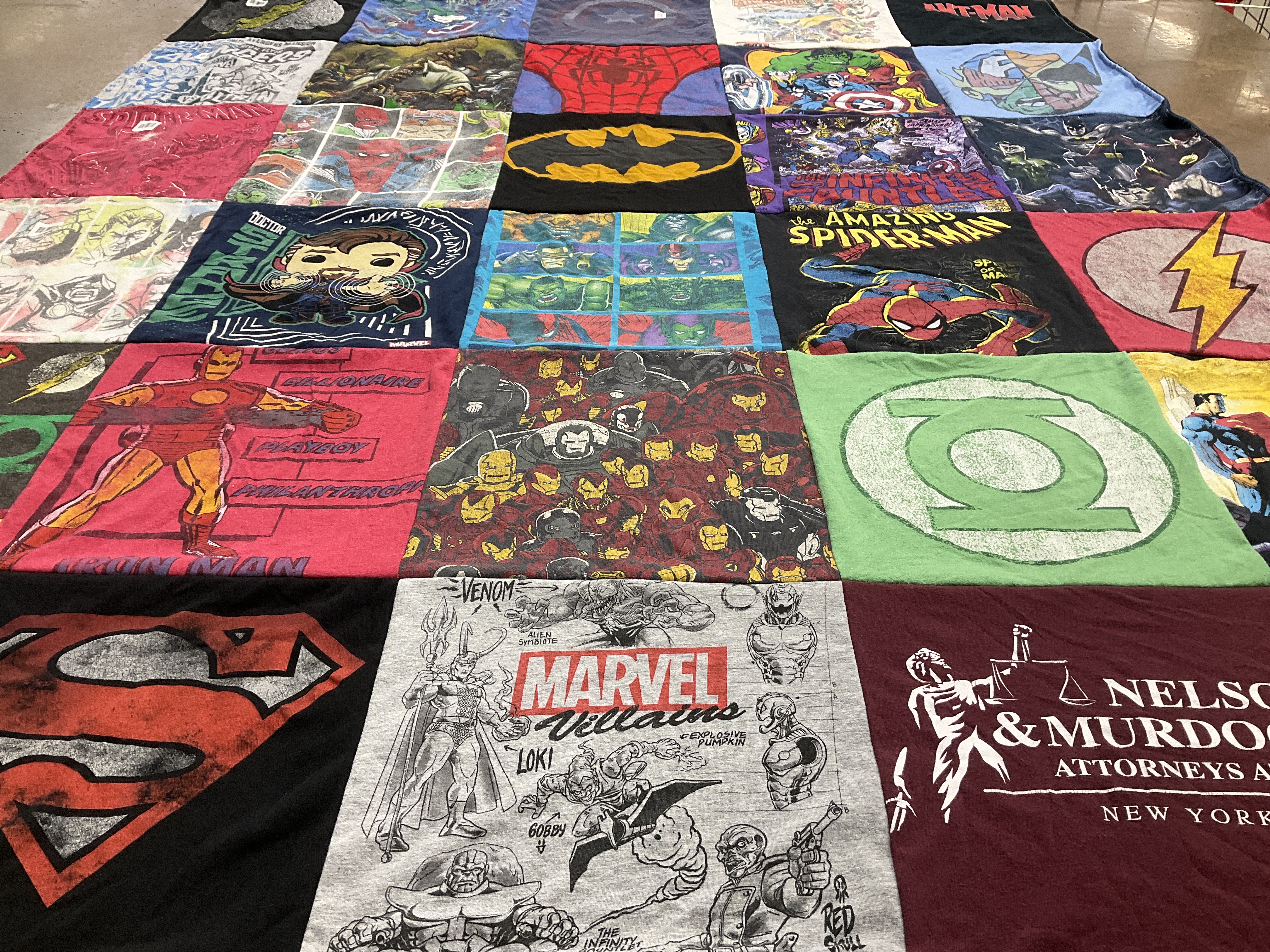 T-shirt quilt with comics, superheroes themes by Joseph from TX