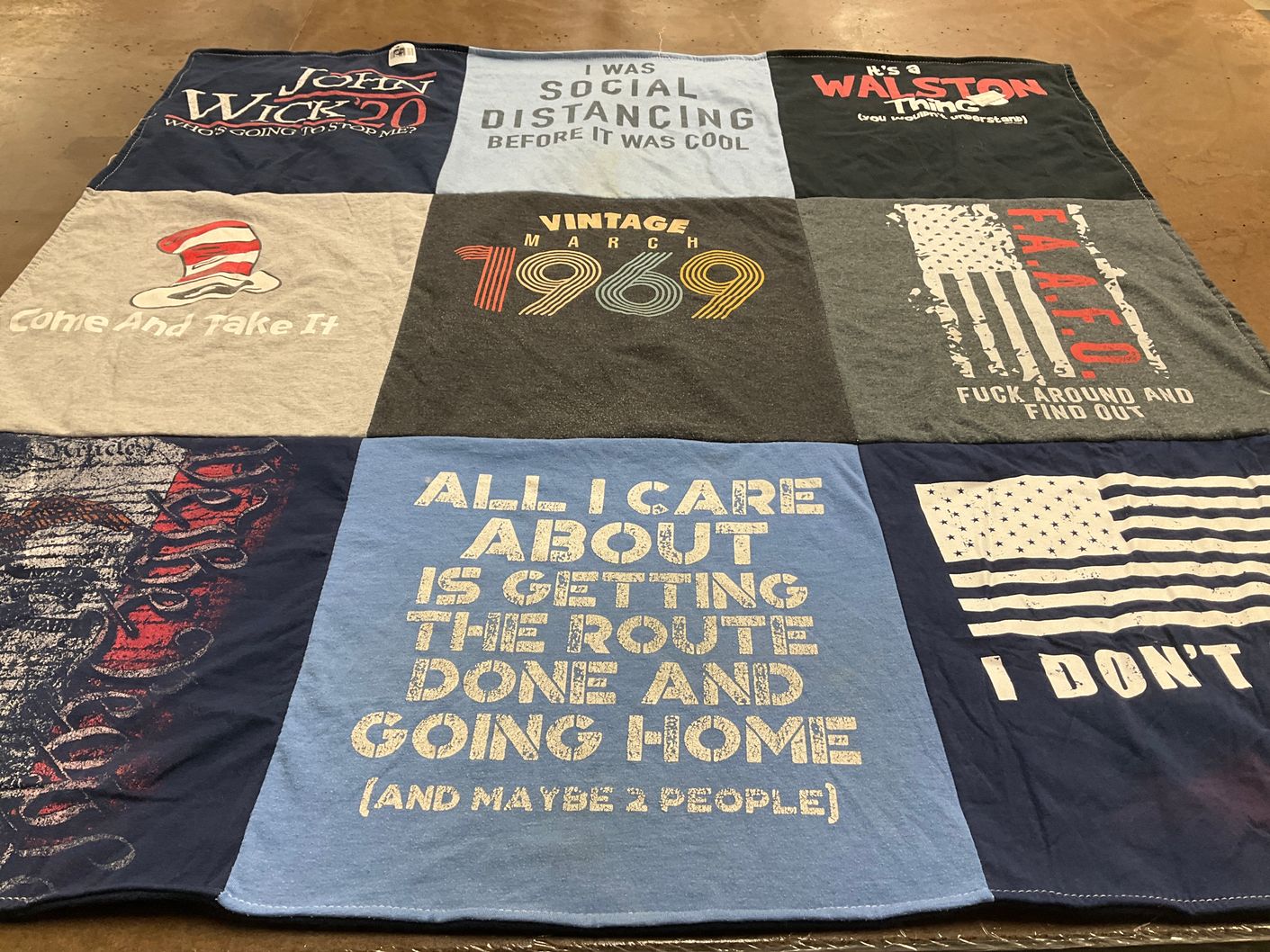 T-shirt quilt with pop culture, humor themes by Shelley from IA