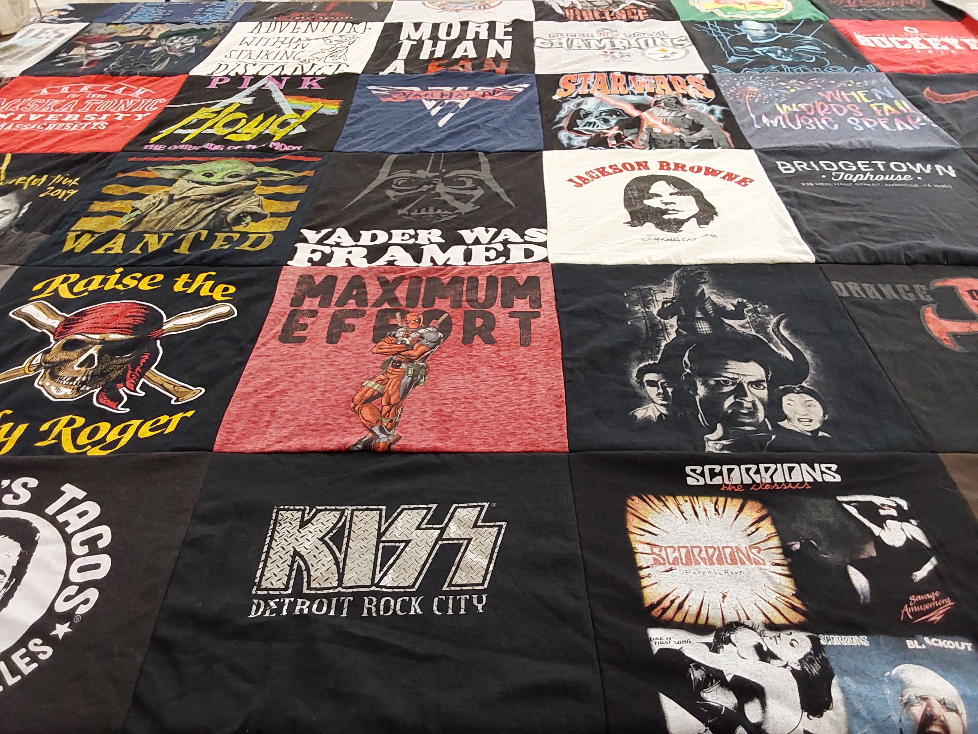 T-shirt quilt with music, comics themes by Jennifer from PA