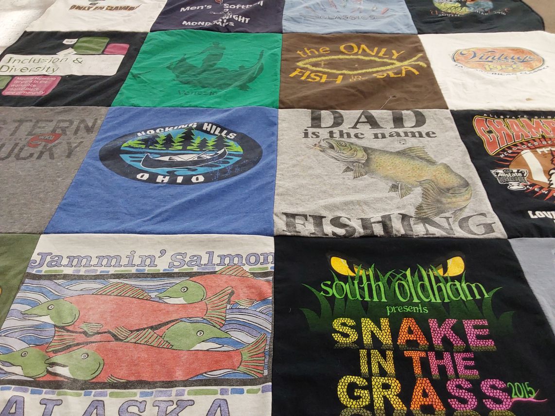 T-shirt quilt with fishing, outdoors themes by Stacy from KY