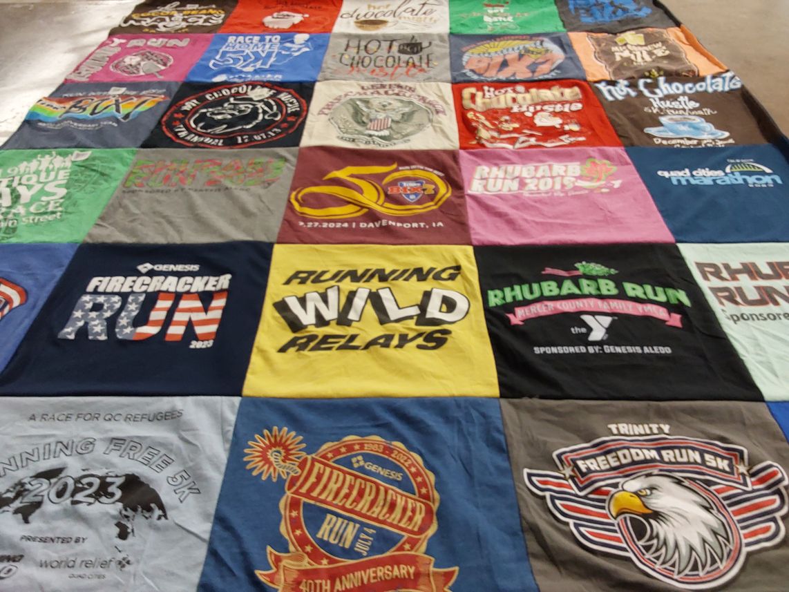 T-shirt quilt with running, charity events themes by Kayli from IA