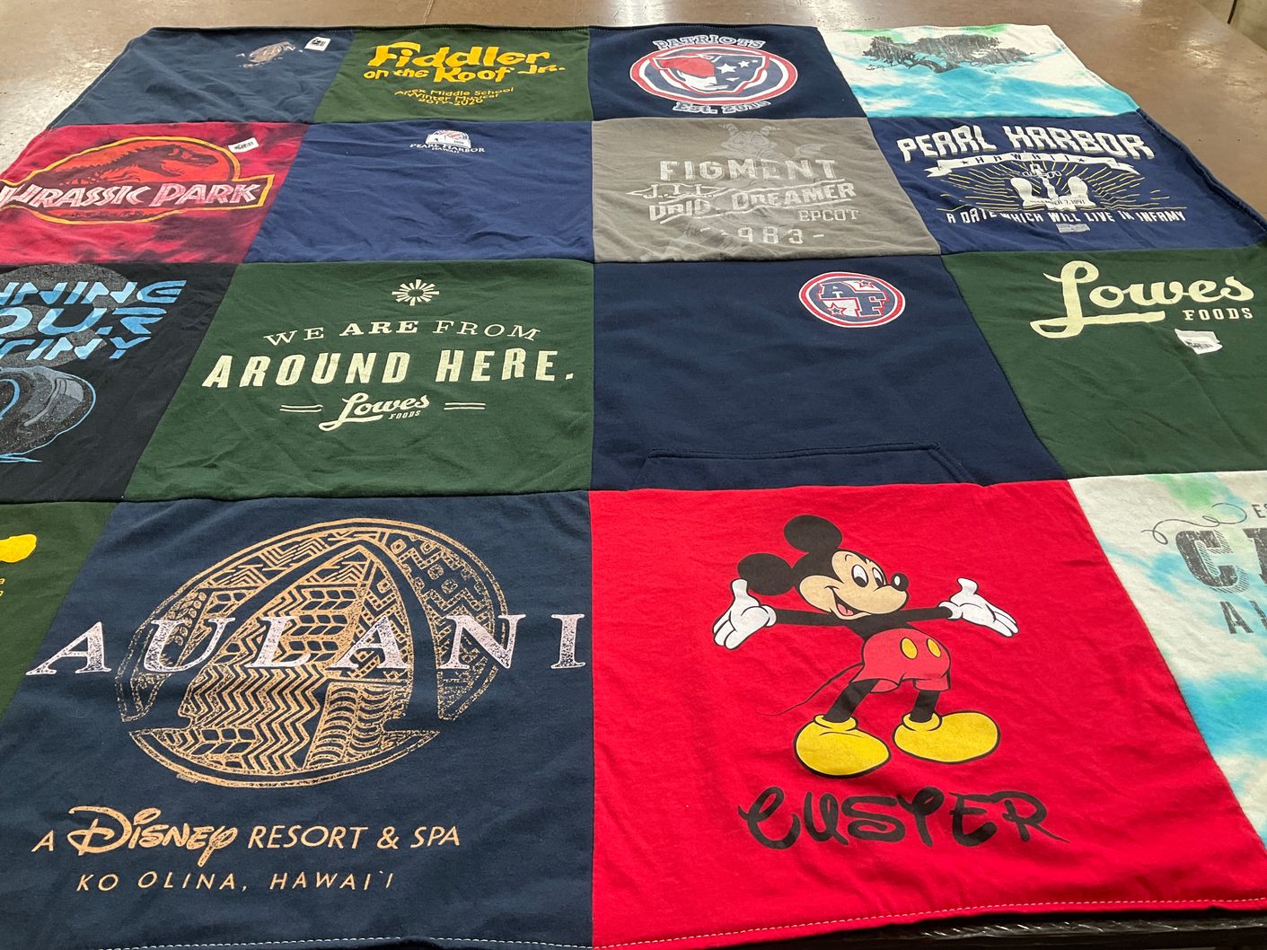 T-shirt quilt with theater, movies themes by Lauren from NC