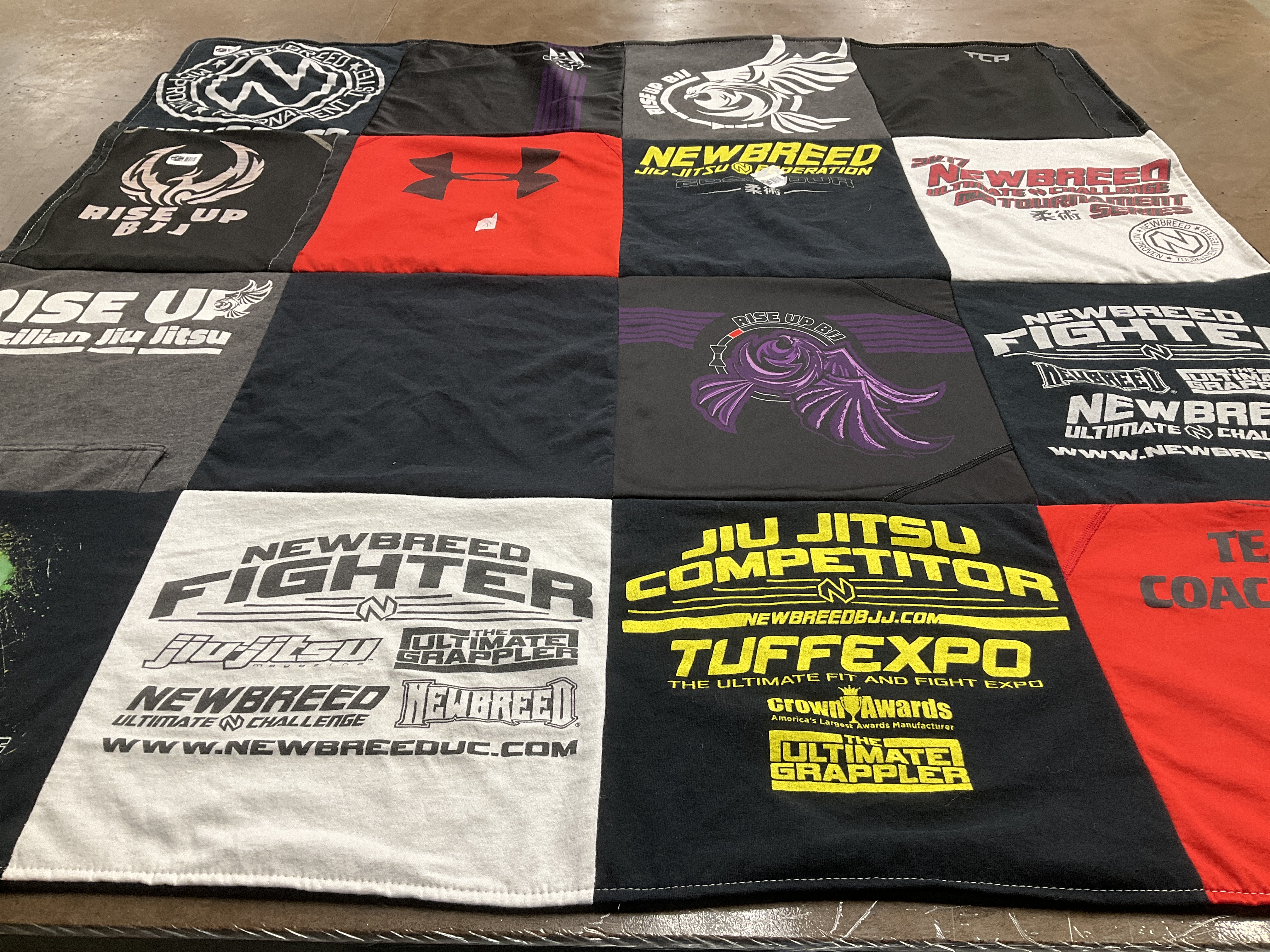 T-shirt quilt with bjj, jiu jitsu themes by Mary from GA