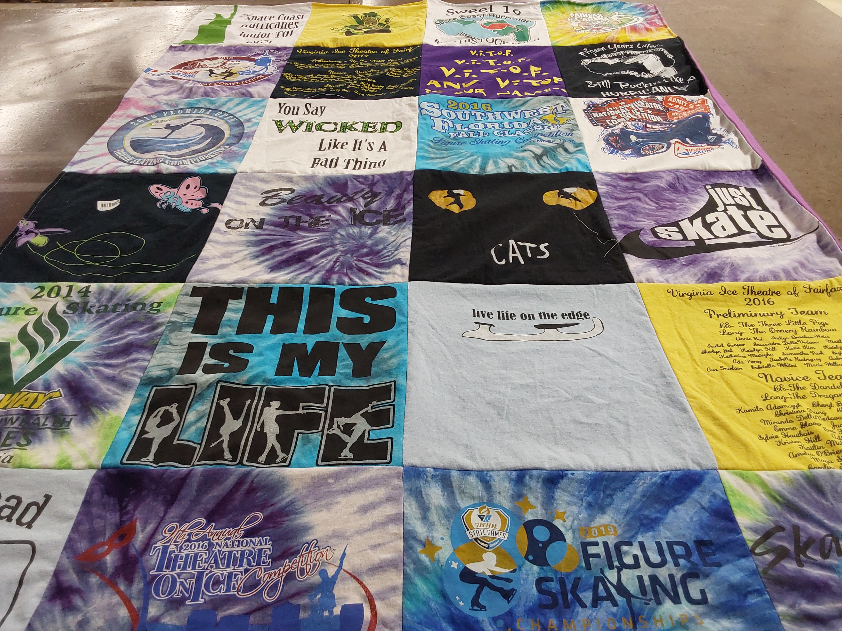 T-shirt quilt with skating, theatre themes by Timothy from FL