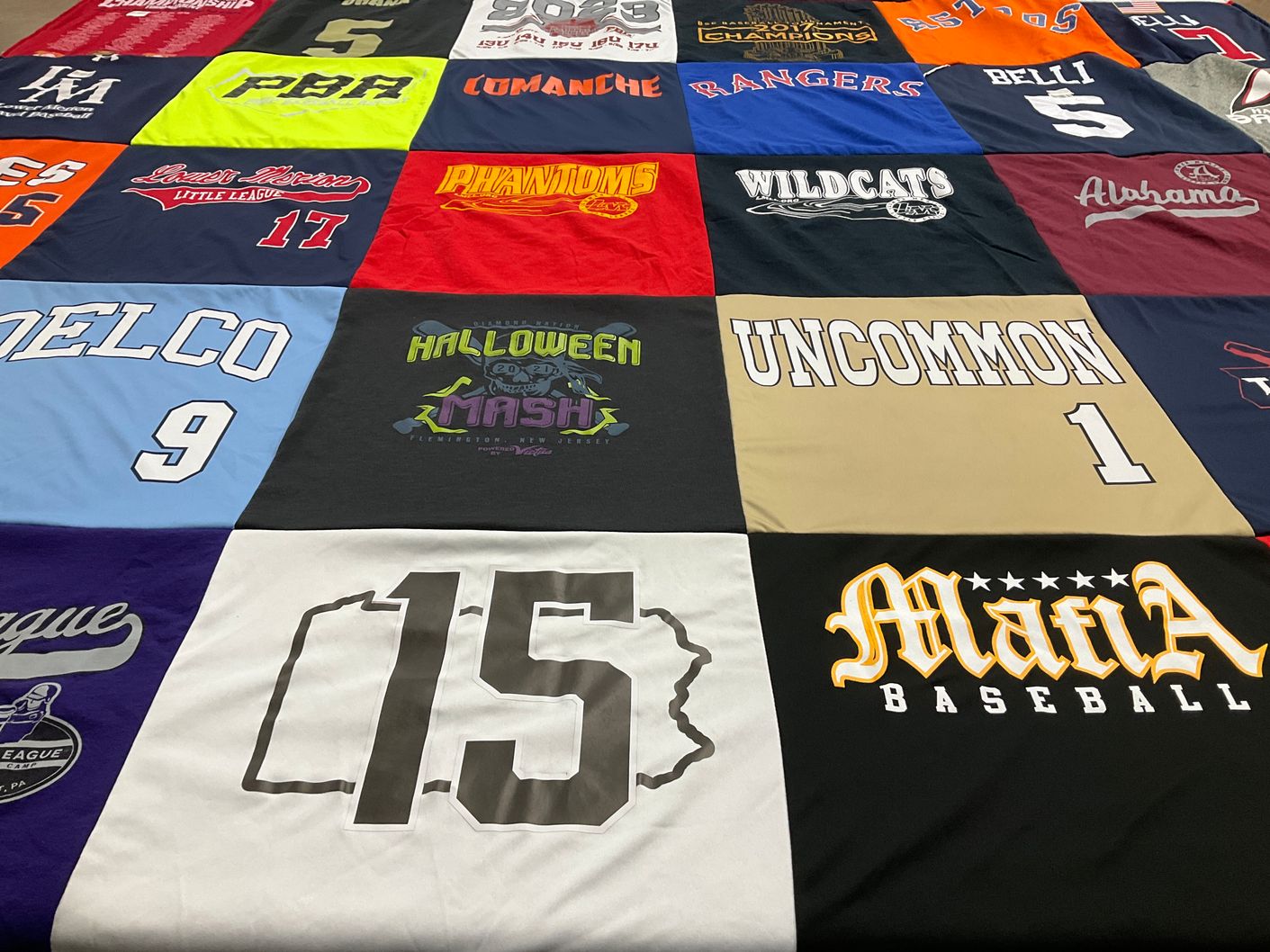 T-shirt quilt with baseball, halloween themes by Monica from PA