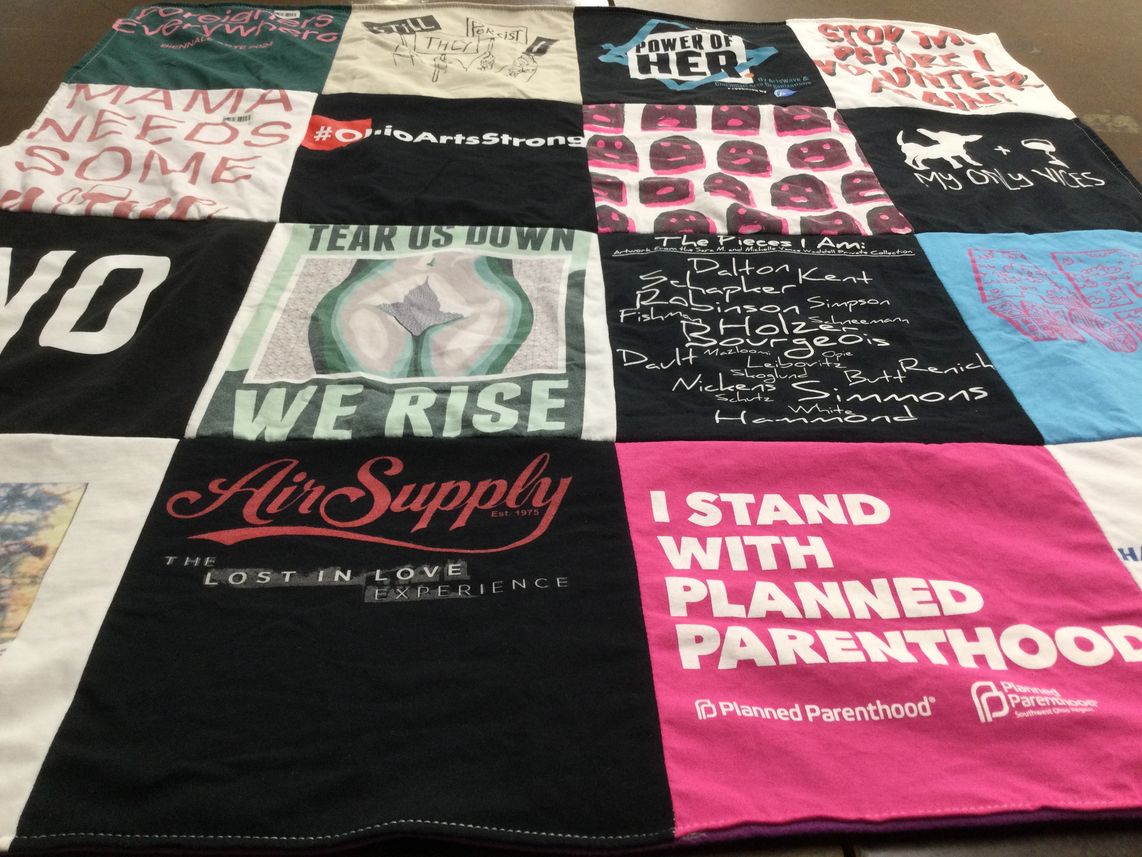 T-shirt quilt with advocacy, music themes by Sara from OH
