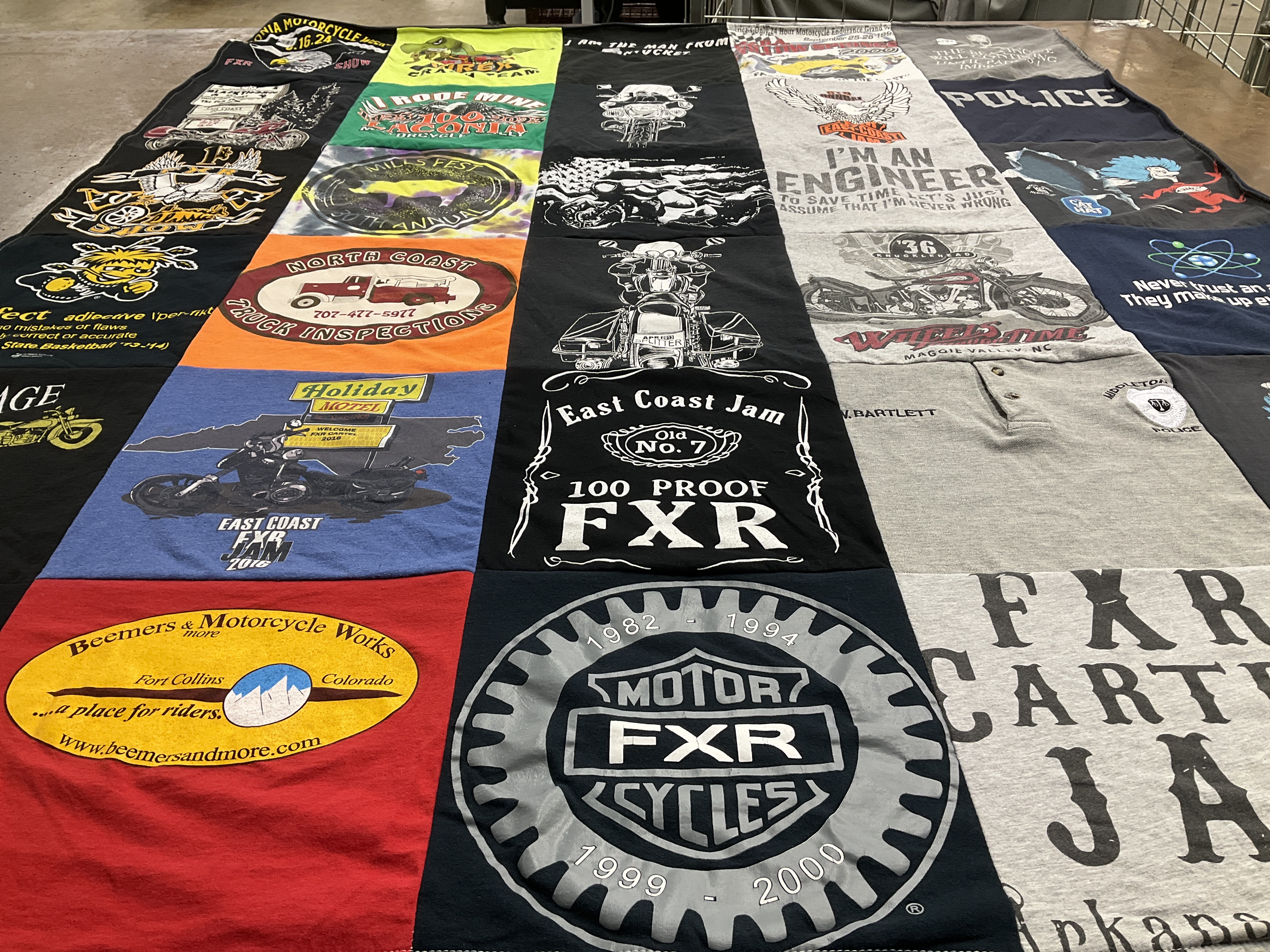 T-shirt quilt with motorcycles, engineering themes by Wade from NH